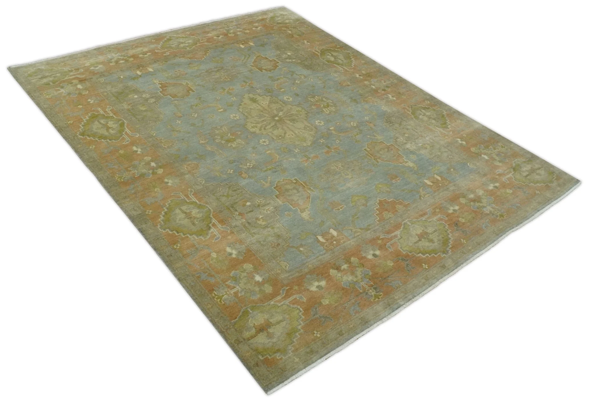 Antique style Gray, Rust and Green Hand Knotted 8x10 Oriental Oushak wool Area Rug - Image 9