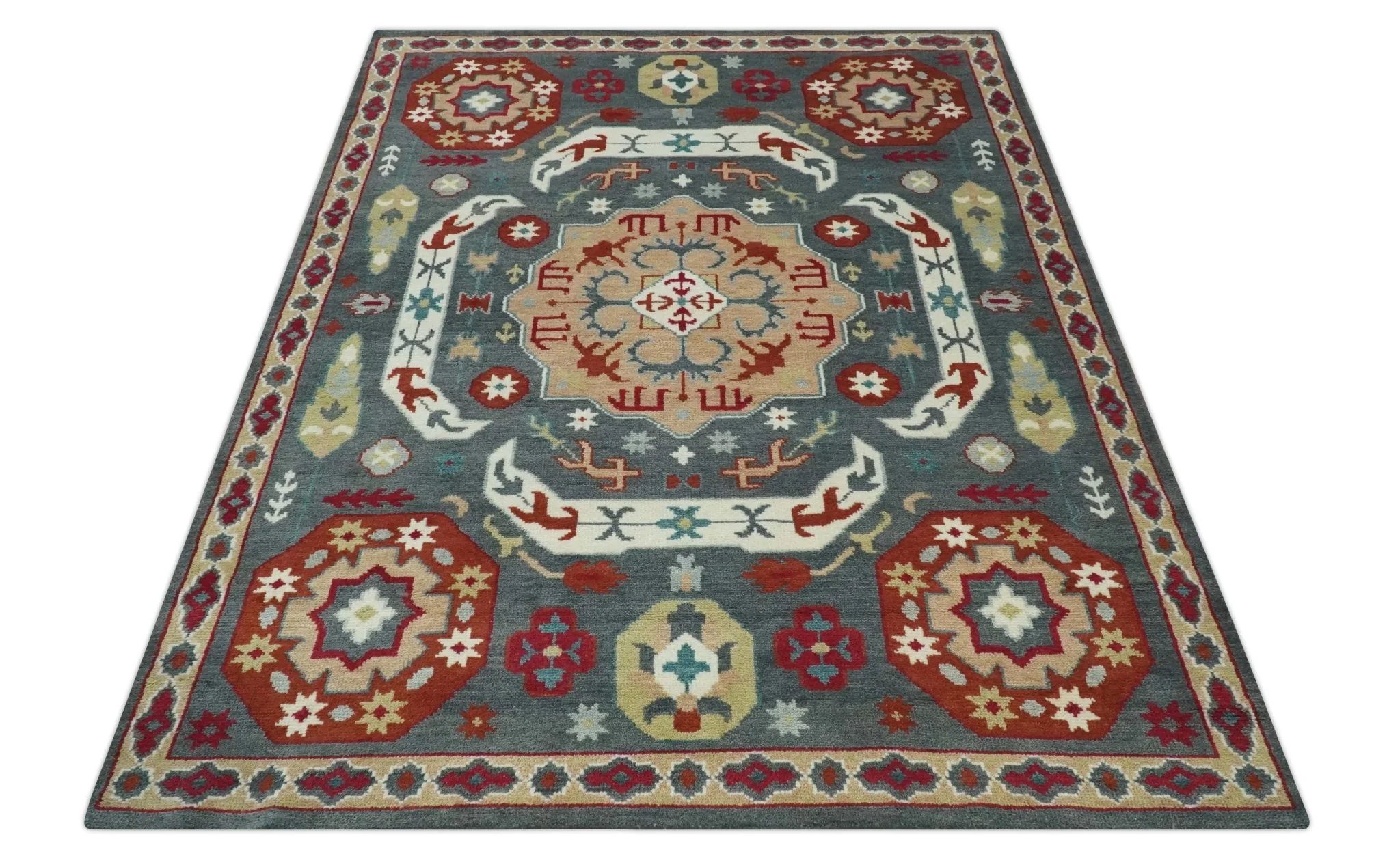 8x10 Gray, Rust and Peach Traditional Medallion Mamluk Design wool Rug - Image 10
