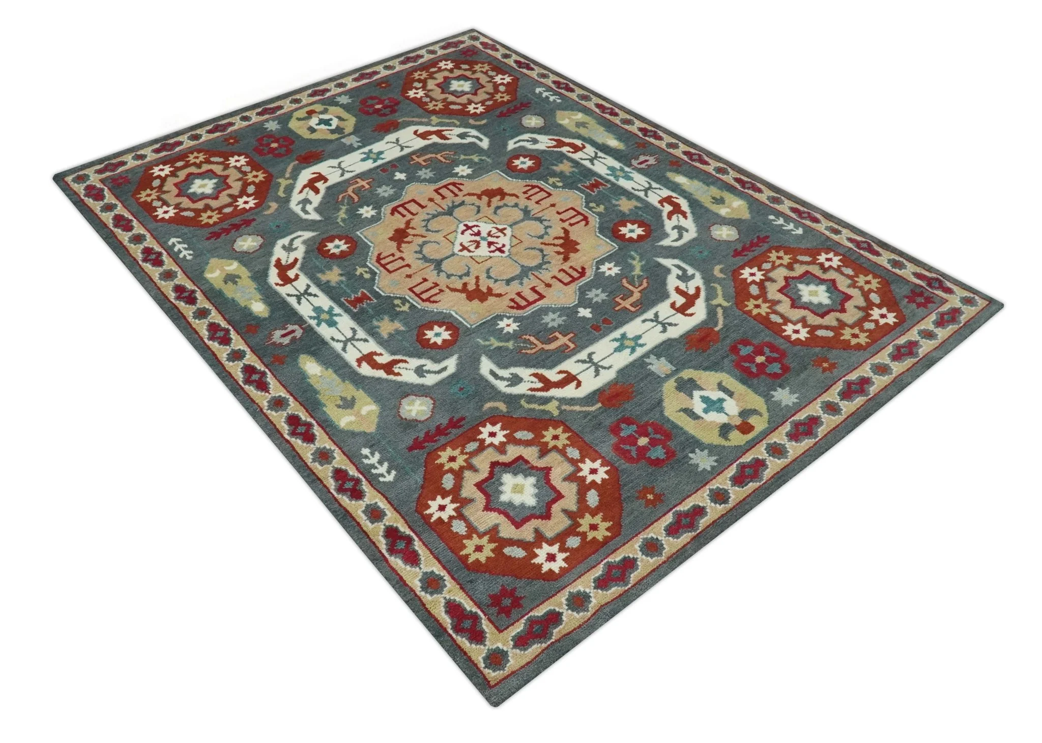 8x10 Gray, Rust and Peach Traditional Medallion Mamluk Design wool Rug - Image 9