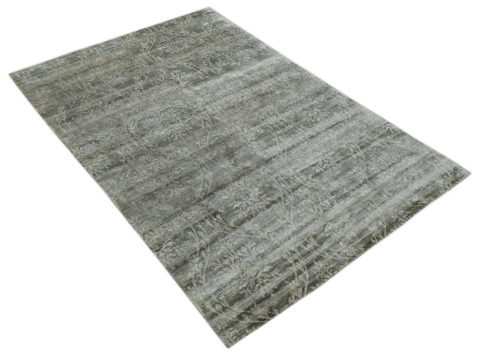 Gray, Silver and Charcoal Traditional ikat design 6x9 Hand knotted wool and Bamboo Silk area Rug - Image 10