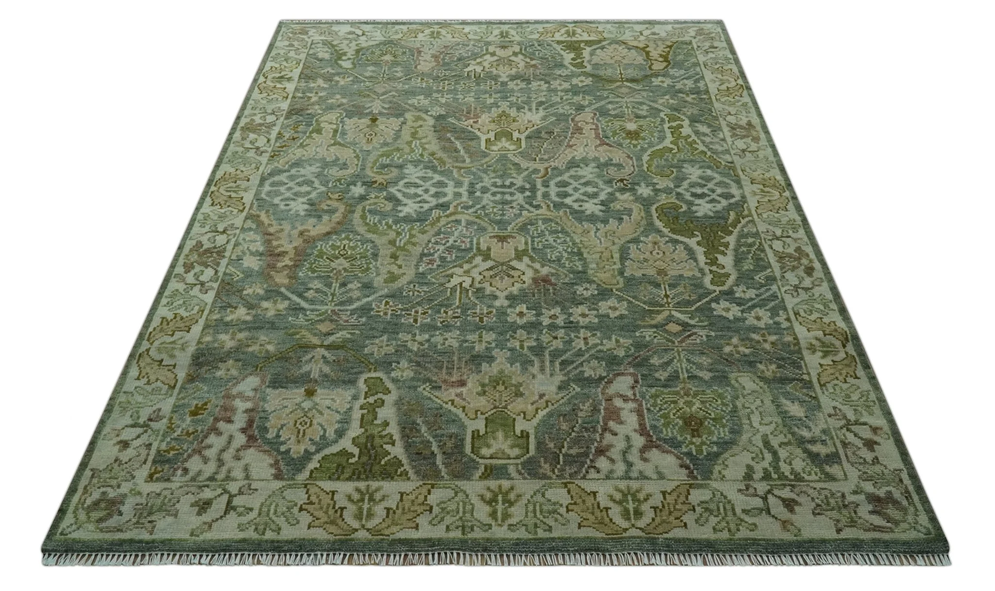 8x10 Gray, Silver and Green Hand Knotted Traditional Large Design wool area rug - Image 9