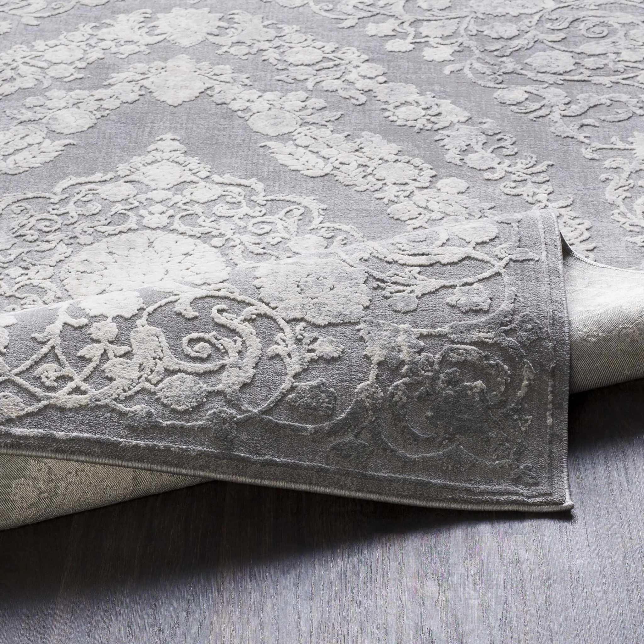 Antique Design Gray, Silver and Ivory Carved Texture Medallion Multi Size Rug - Image 3