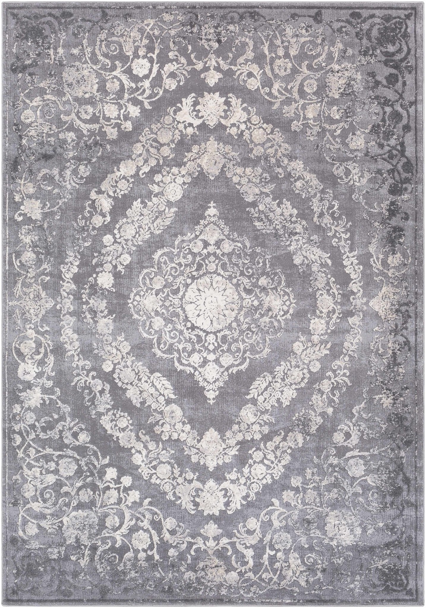 Antique Design Gray, Silver and Ivory Carved Texture Medallion Multi Size Rug - Image 4