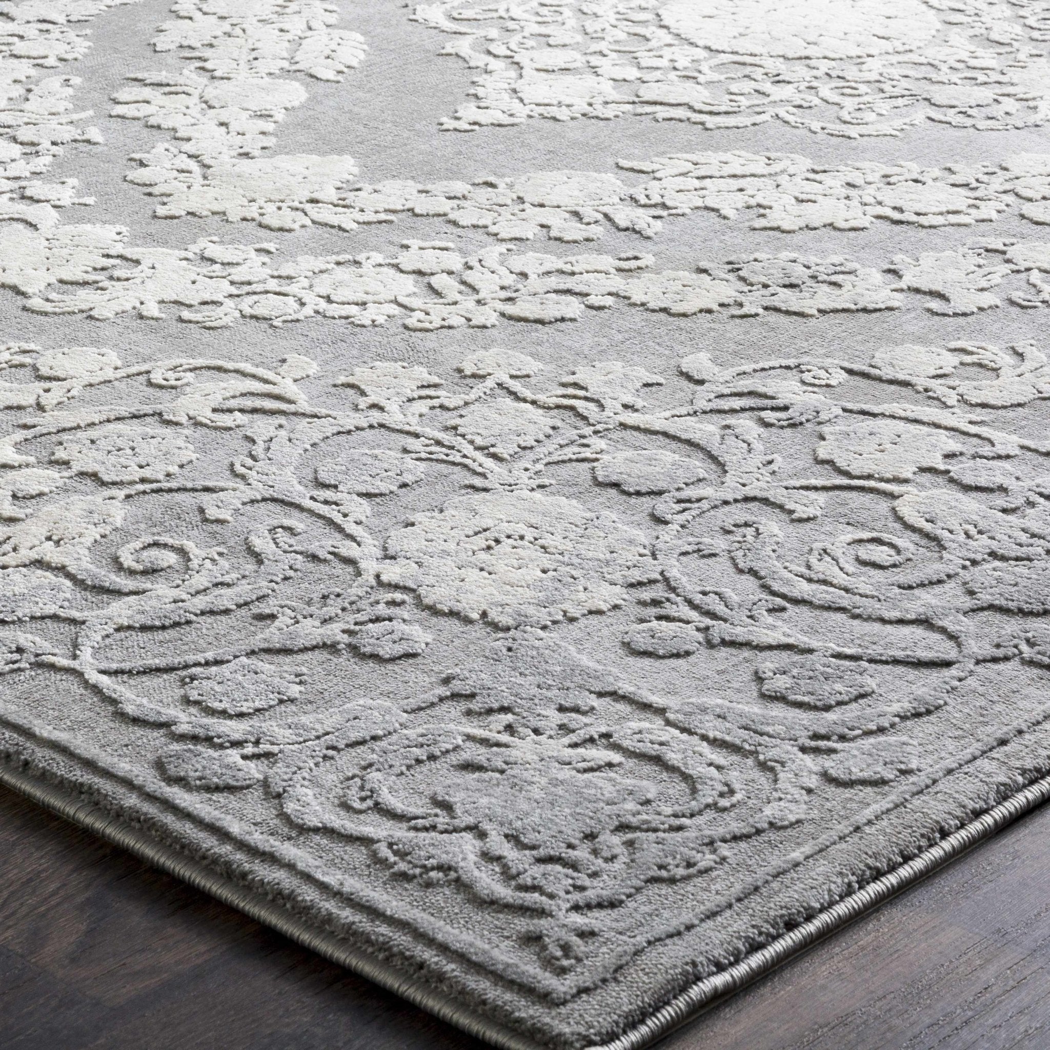 Antique Design Gray, Silver and Ivory Carved Texture Medallion Multi Size Rug - Image 6