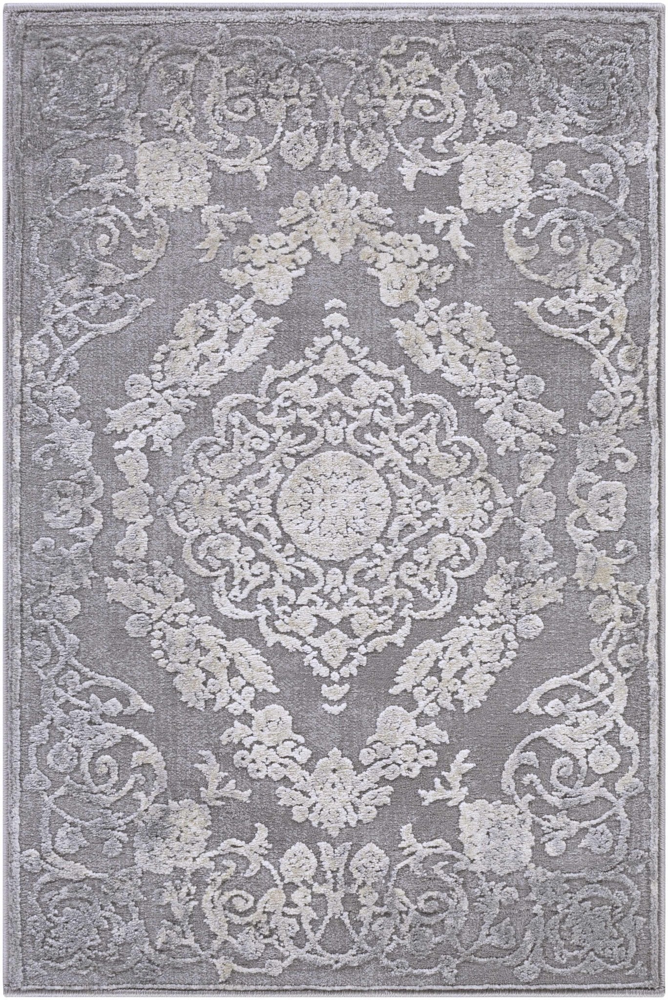 Antique Design Gray, Silver and Ivory Carved Texture Medallion Multi Size Rug - Image 8