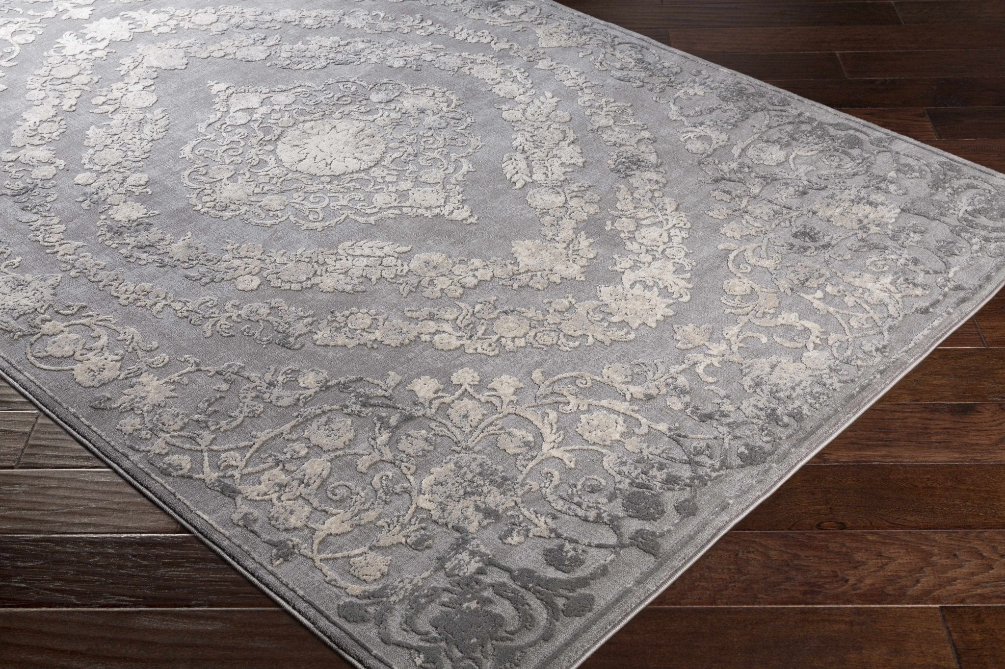 Antique Design Gray, Silver and Ivory Carved Texture Medallion Multi Size Rug - Image 9