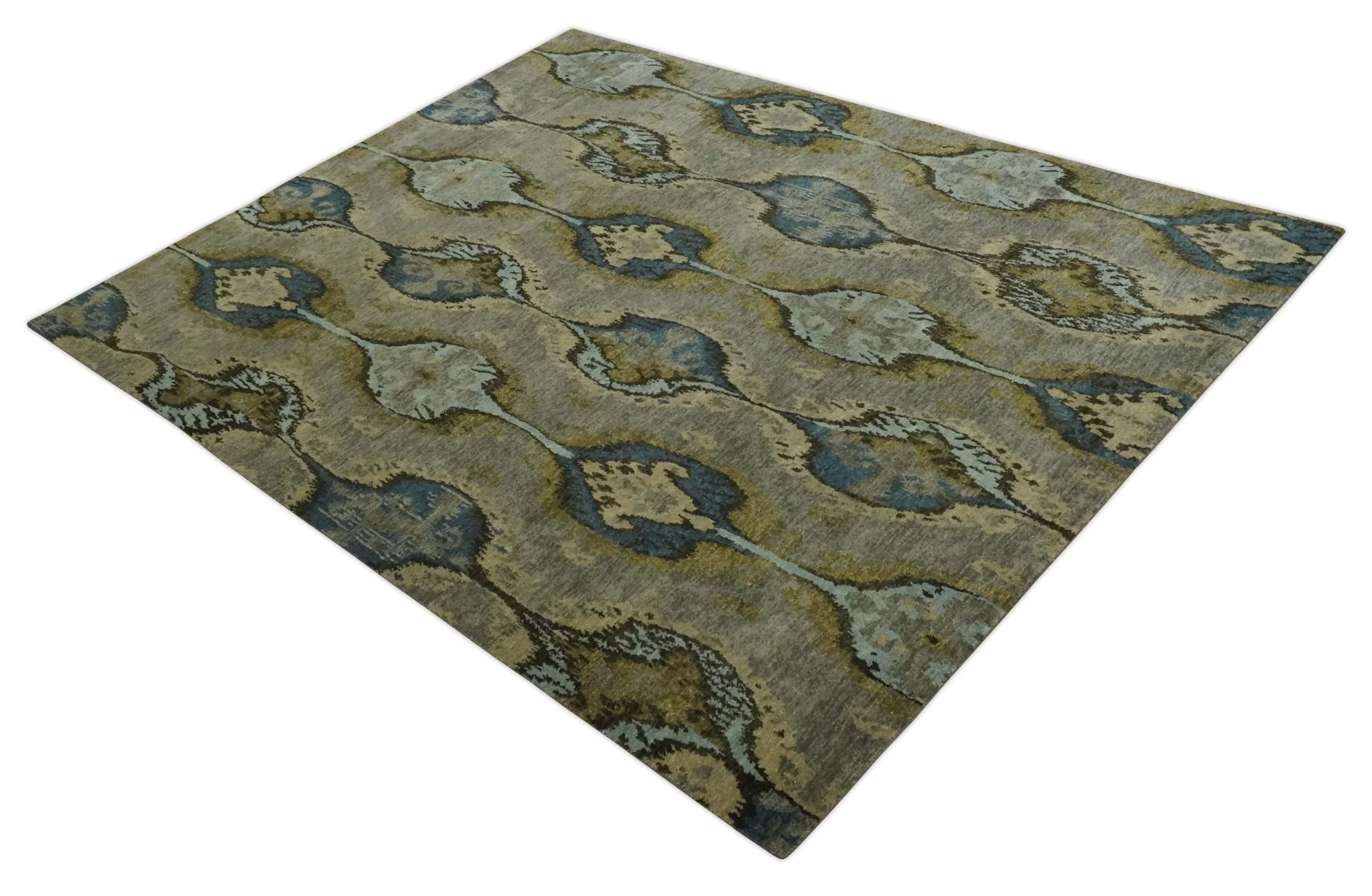 Gray, Teal, Beige and Silver Antique Ikat Design 8x10 wool Area Rug - Image 9