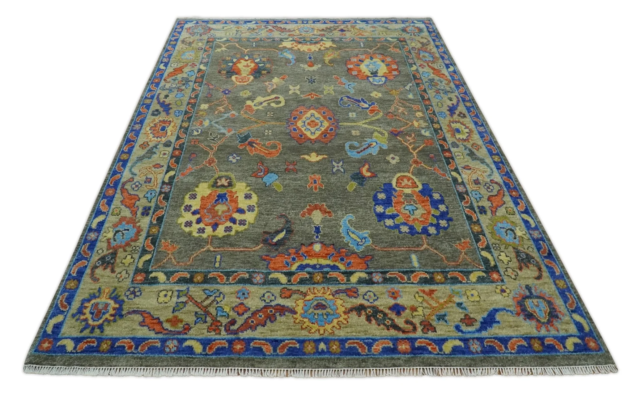 Green and Beige Colorful Wool Hand knotted Traditional Oushak Multi Size wool Area Rug - Image 10