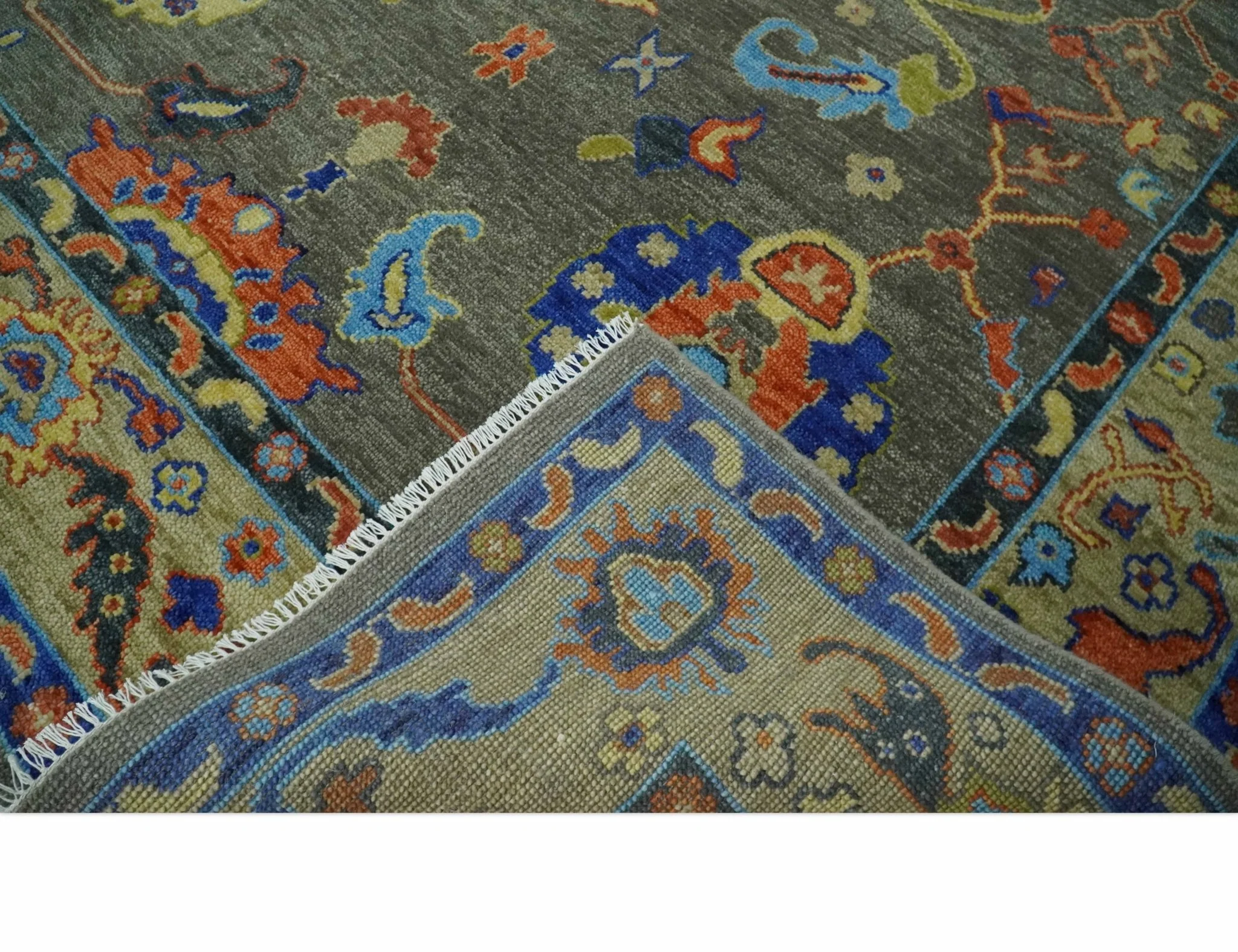 Green and Beige Colorful Wool Hand knotted Traditional Oushak Multi Size wool Area Rug - Image 7