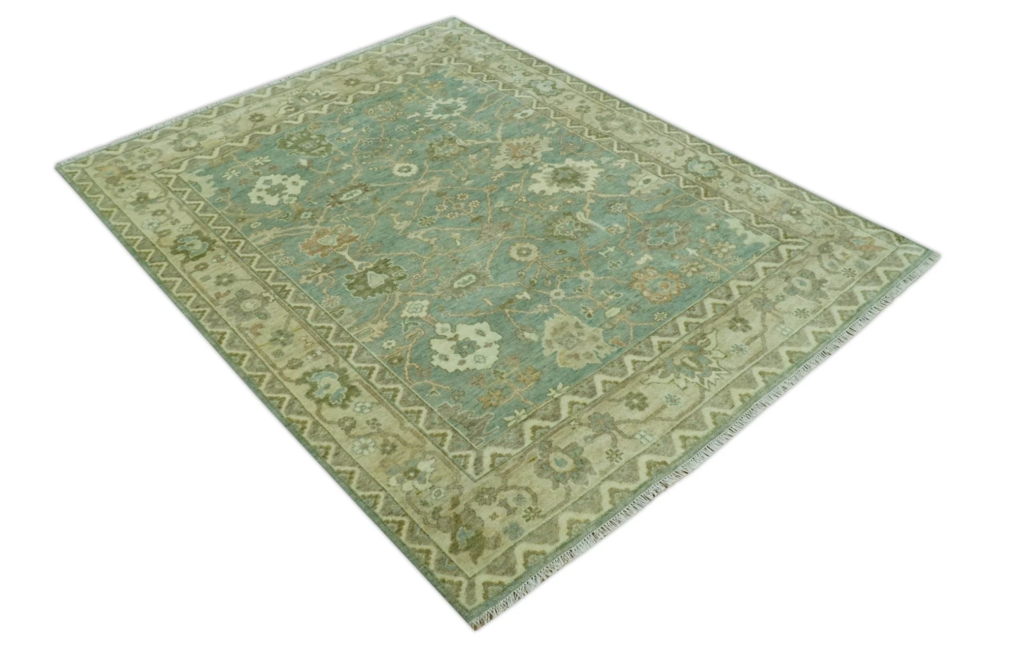 Antique design 8x10 Green and Beige Traditional Oriental Oushak wool area rug - Image 11