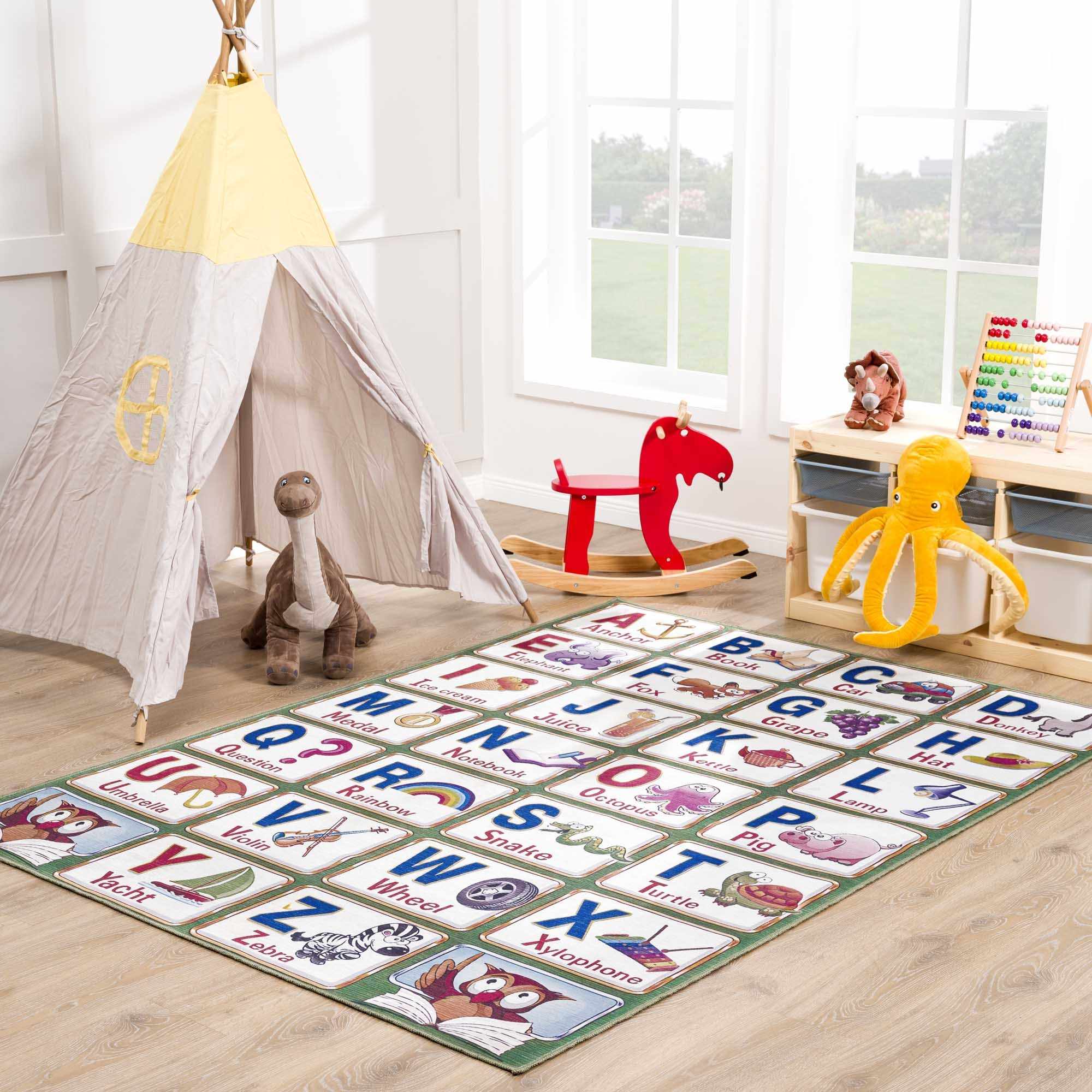 Green and Ivory Colorful Alphabets Washable Kids Rug, Perfect for kids room - Image 2