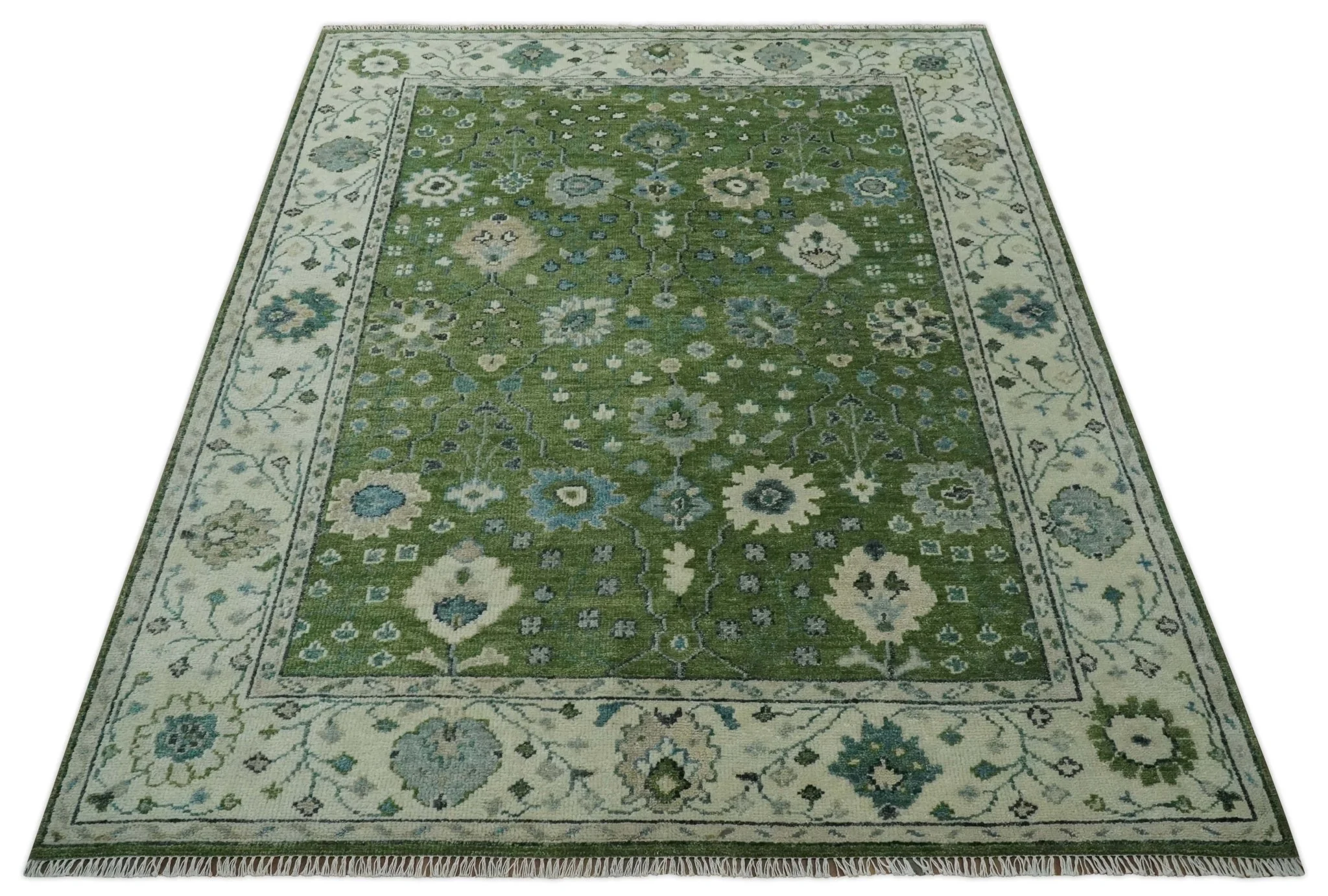 Royal Green and Ivory Custom Made Hand knotted Traditional Oushak wool Area Rug - Image 10
