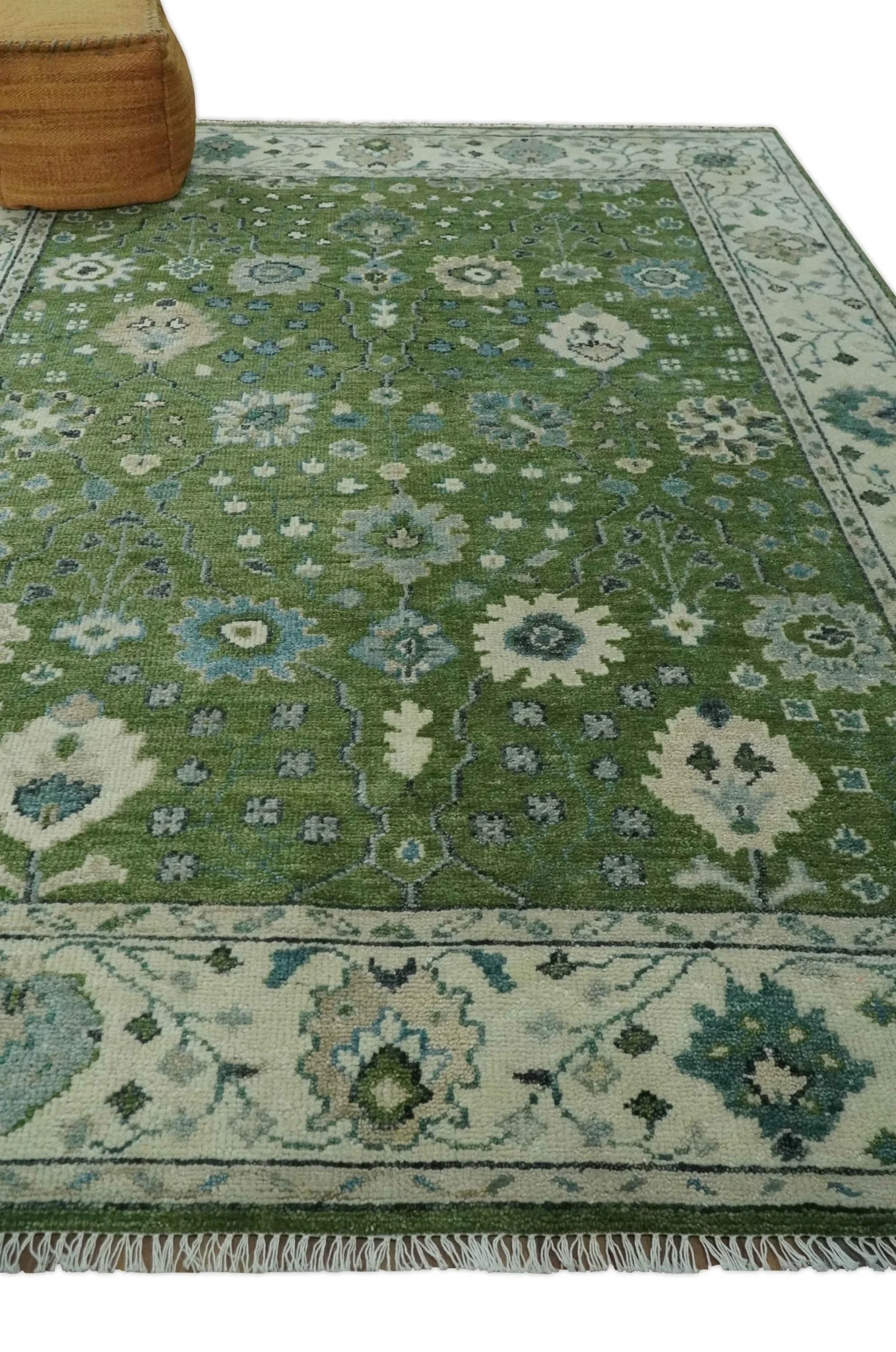 Royal Green and Ivory Custom Made Hand knotted Traditional Oushak wool Area Rug - Image 3