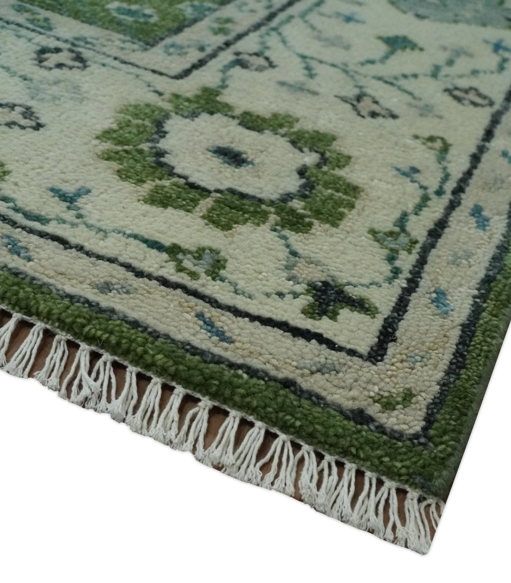 Royal Green and Ivory Custom Made Hand knotted Traditional Oushak wool Area Rug - Image 5