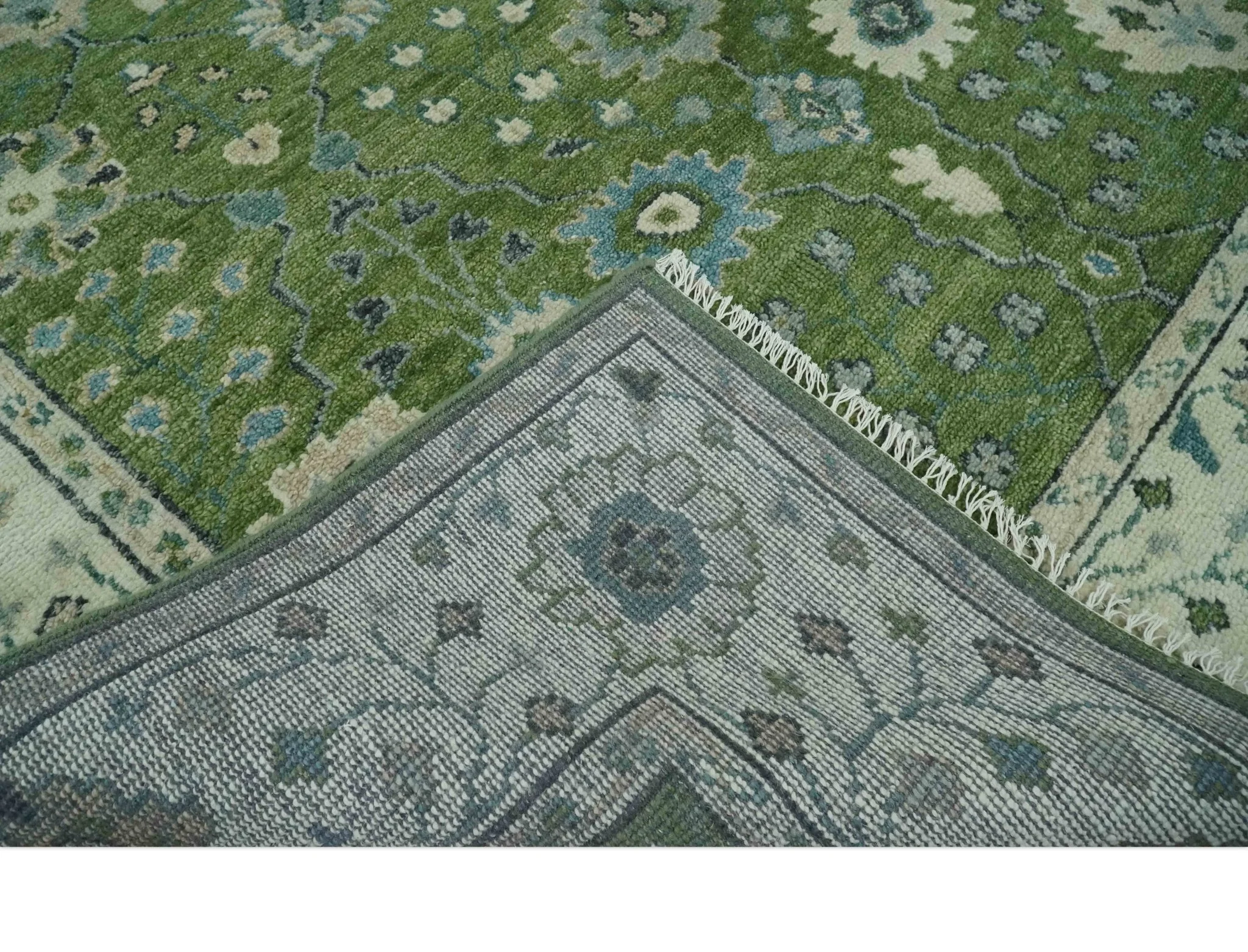 Royal Green and Ivory Custom Made Hand knotted Traditional Oushak wool Area Rug - Image 6