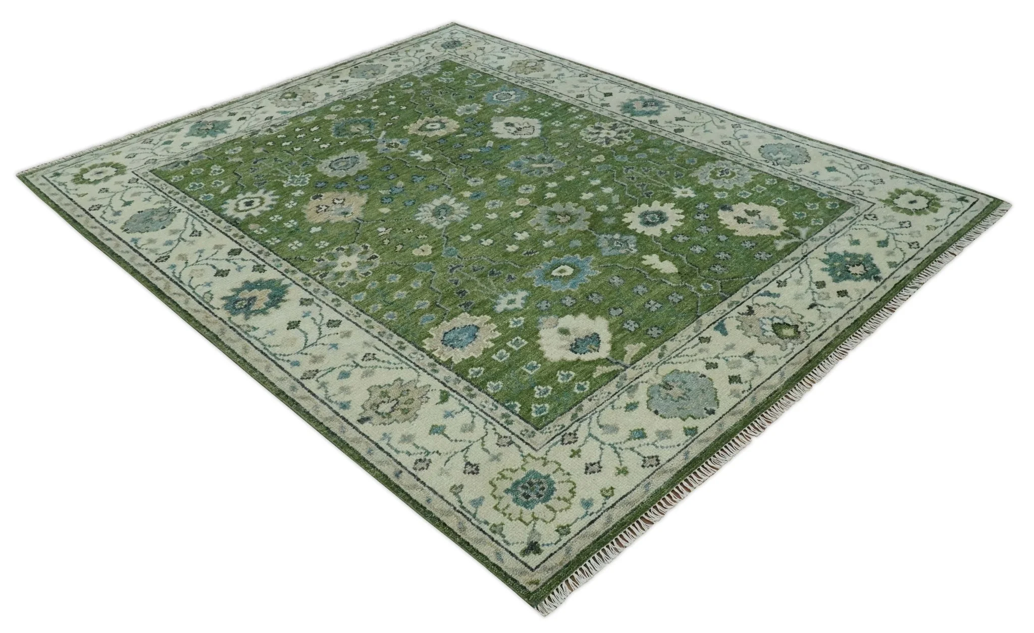 Royal Green and Ivory Custom Made Hand knotted Traditional Oushak wool Area Rug - Image 9