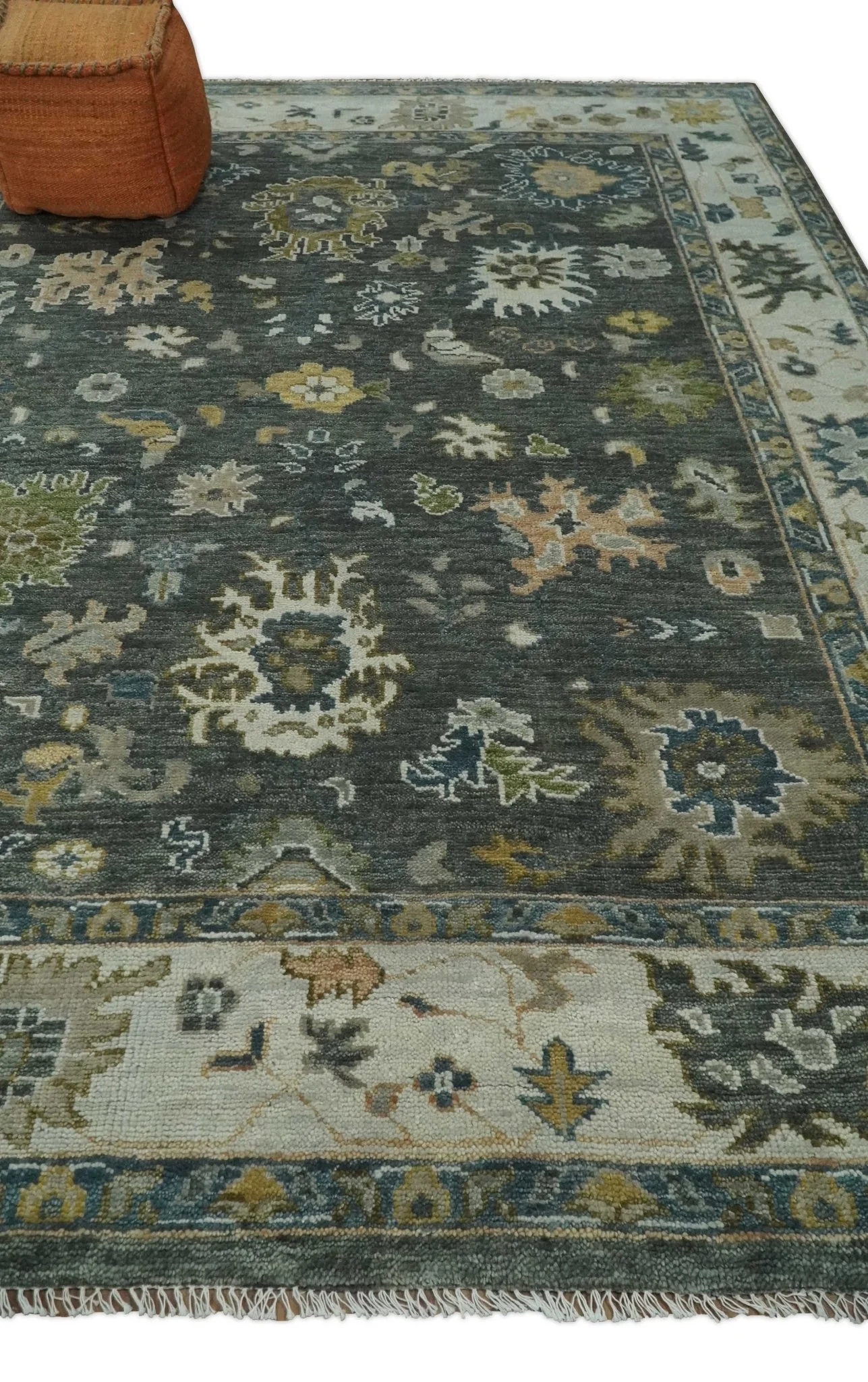 Charcoal and Ivory Hand Knotted Traditional Oushak Custom Made Wool Area Rug - Image 3