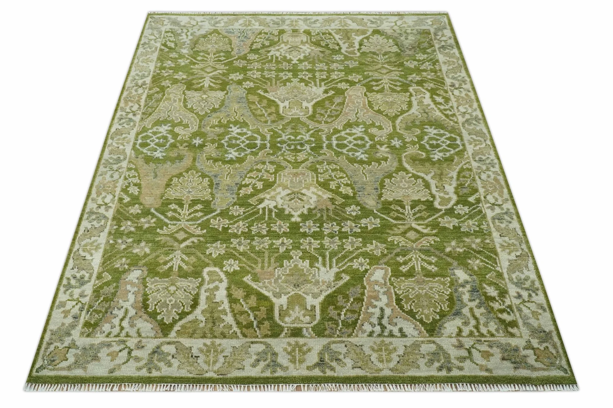Custom Made Green and Ivory Traditional Dragon Oushak Design Hand knotted wool rug - Image 10