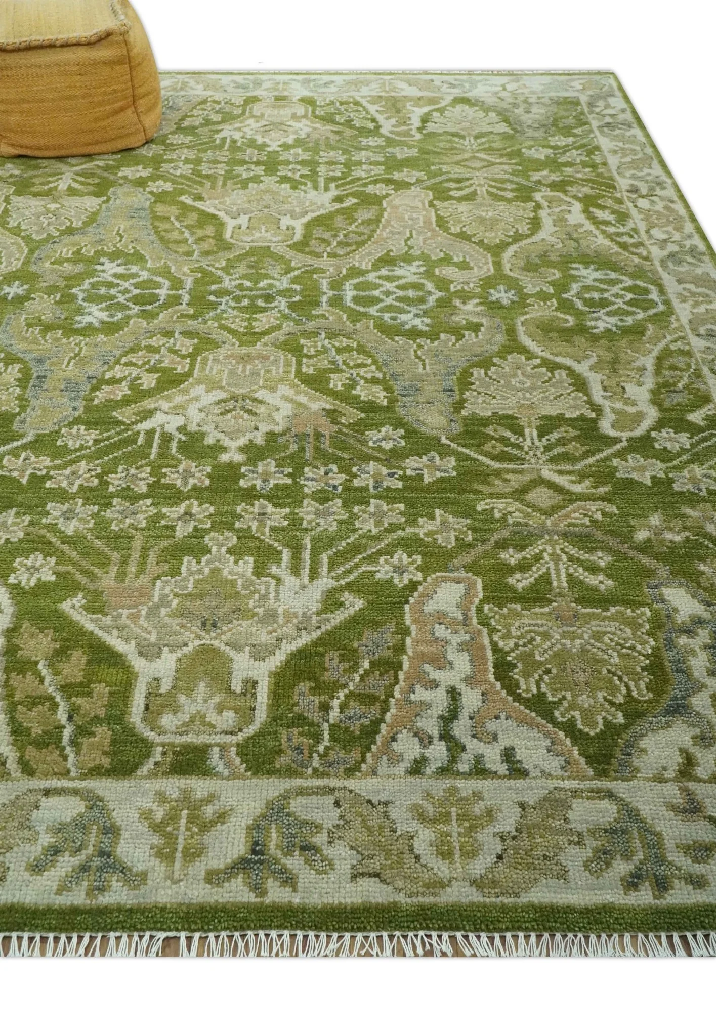 Custom Made Green and Ivory Traditional Dragon Oushak Design Hand knotted wool rug - Image 3