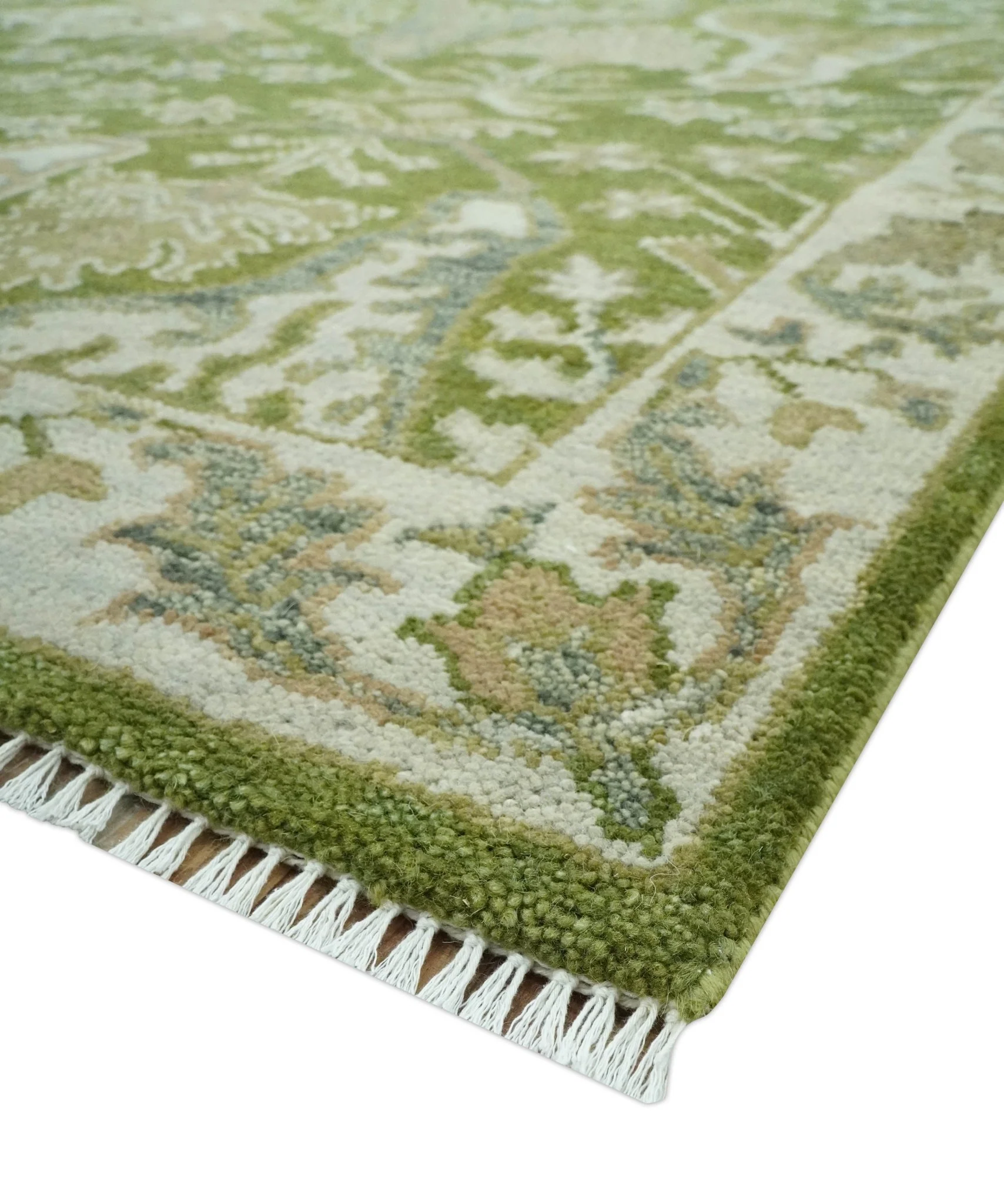 Custom Made Green and Ivory Traditional Dragon Oushak Design Hand knotted wool rug - Image 5