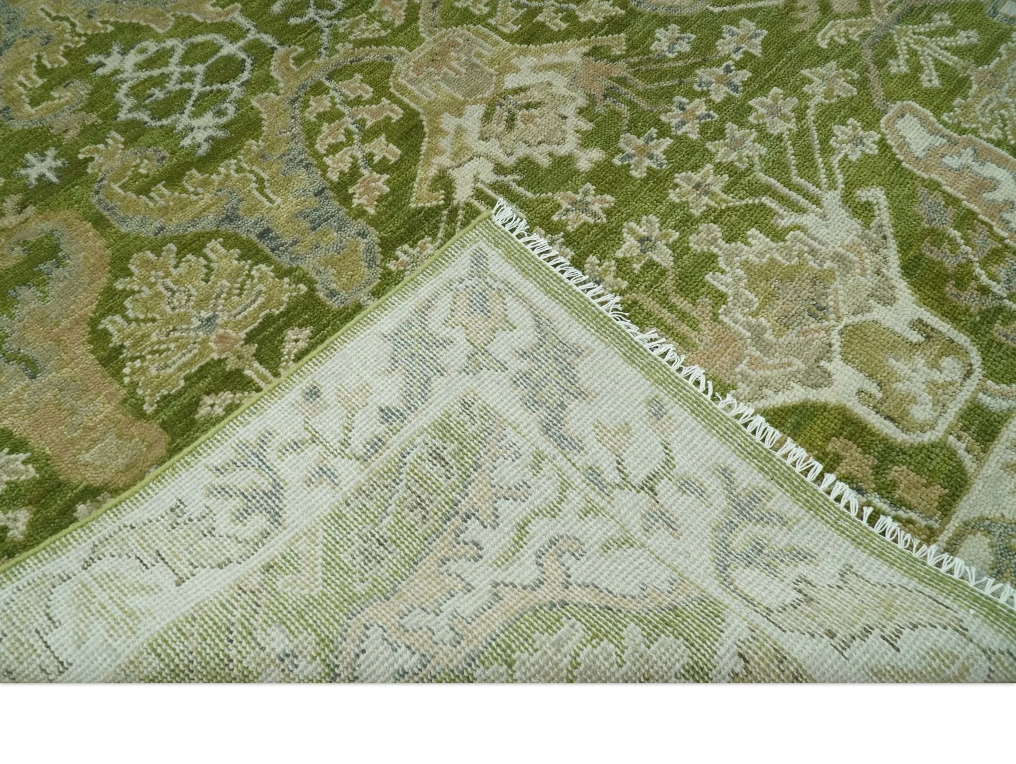 Custom Made Green and Ivory Traditional Dragon Oushak Design Hand knotted wool rug - Image 7