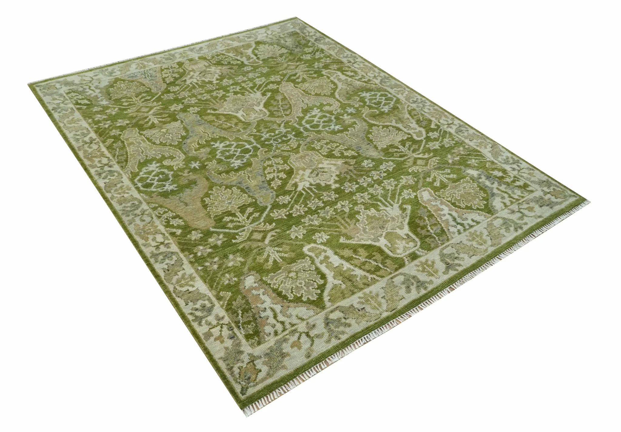 Custom Made Green and Ivory Traditional Dragon Oushak Design Hand knotted wool rug - Image 9