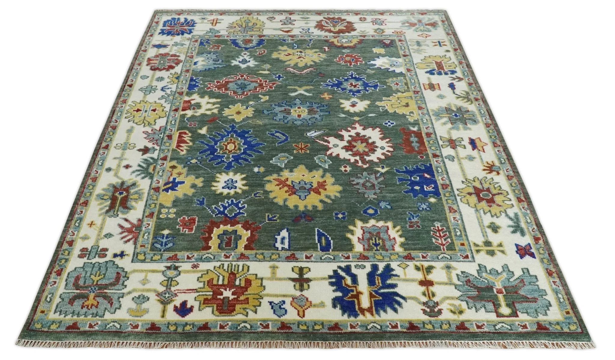 Custom Made Green and Ivory Colorful Hand knotted Traditional Oushak wool Area Rug - Image 10