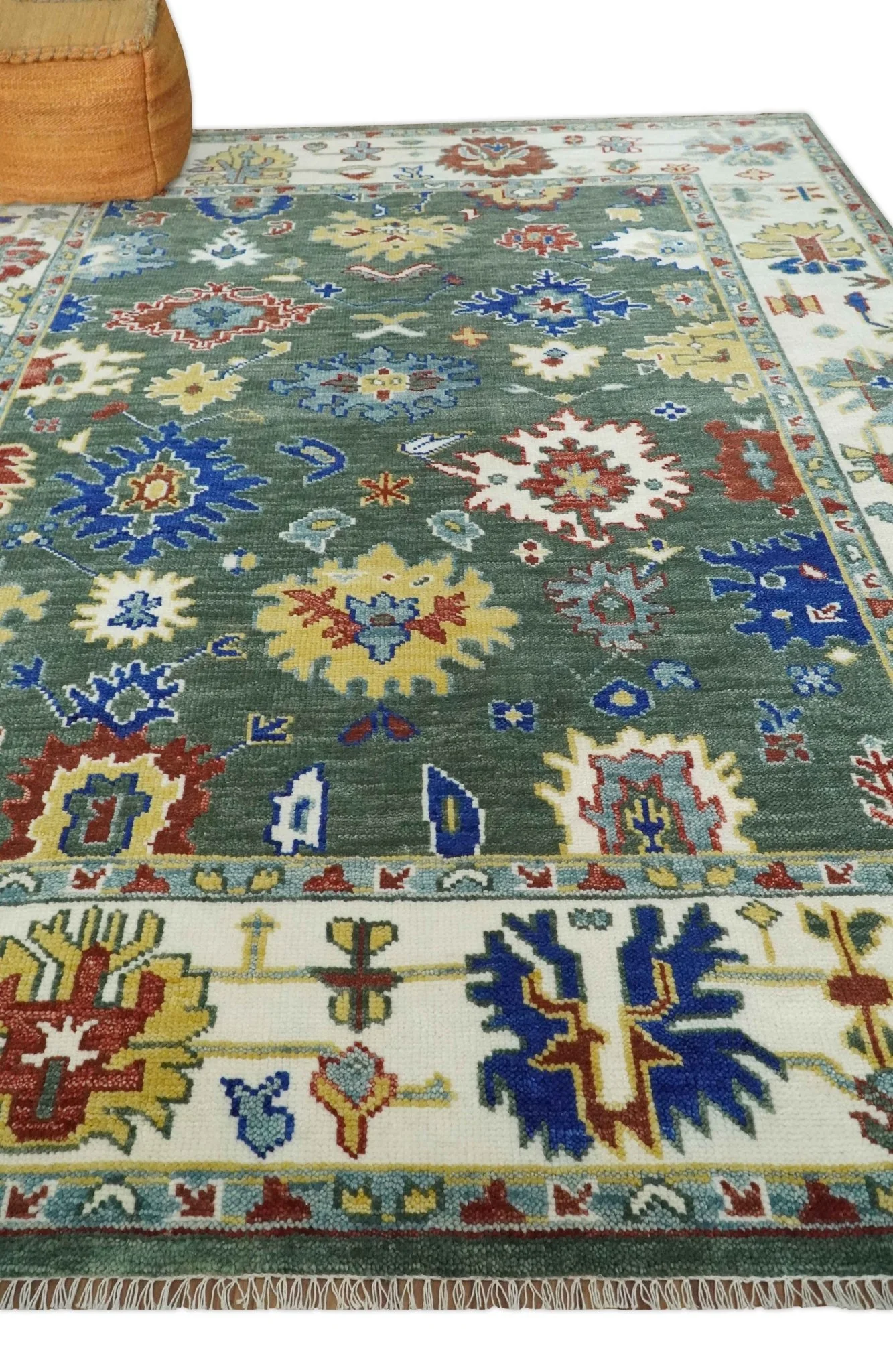 Custom Made Green and Ivory Colorful Hand knotted Traditional Oushak wool Area Rug - Image 3