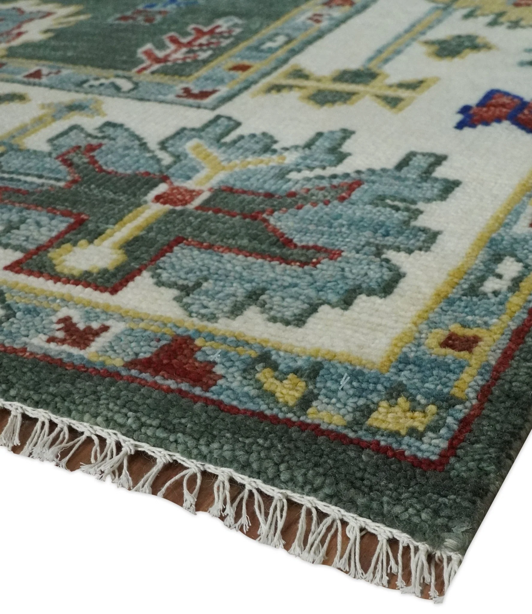 Custom Made Green and Ivory Colorful Hand knotted Traditional Oushak wool Area Rug - Image 5