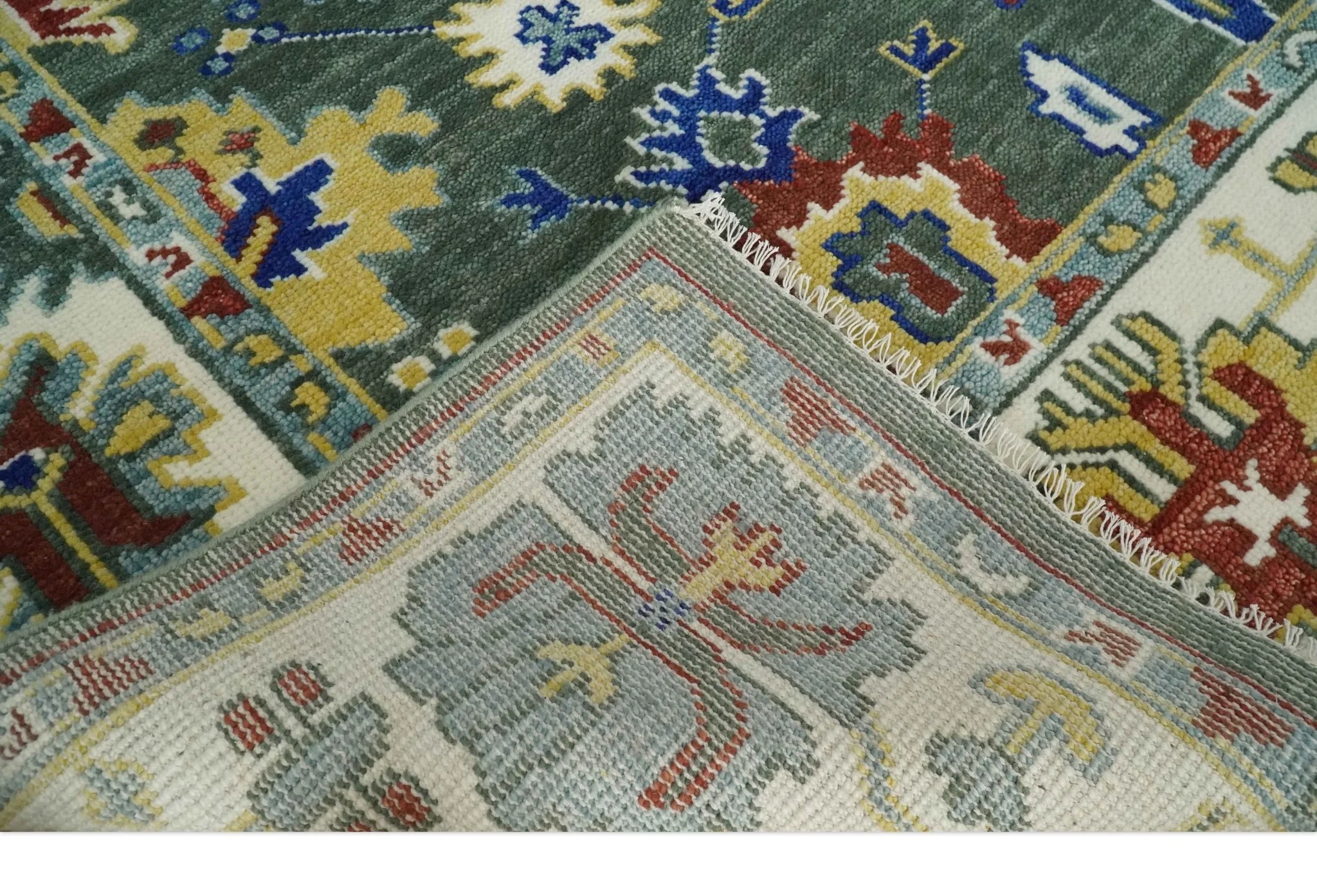 Custom Made Green and Ivory Colorful Hand knotted Traditional Oushak wool Area Rug - Image 7