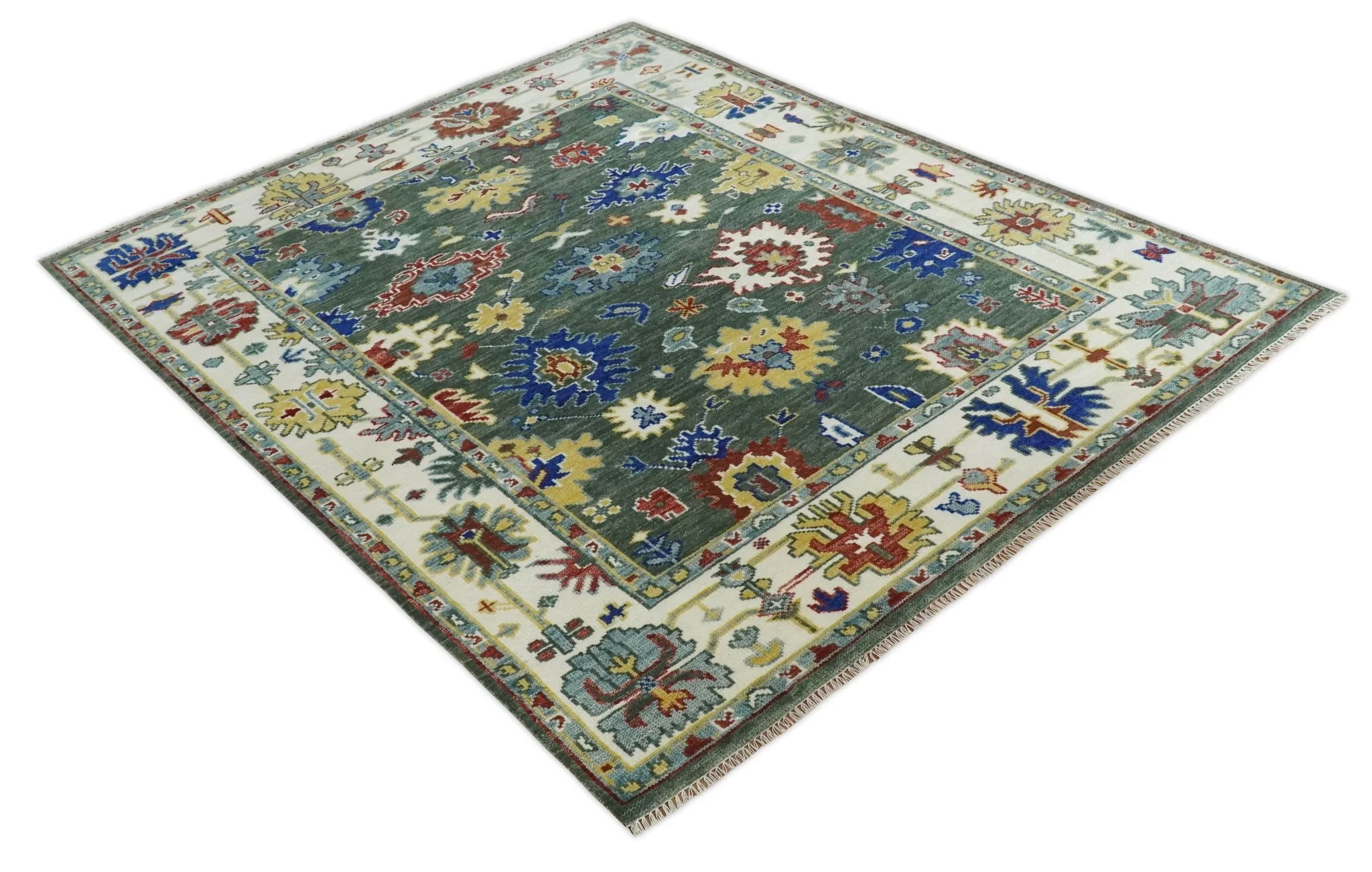 Custom Made Green and Ivory Colorful Hand knotted Traditional Oushak wool Area Rug - Image 9