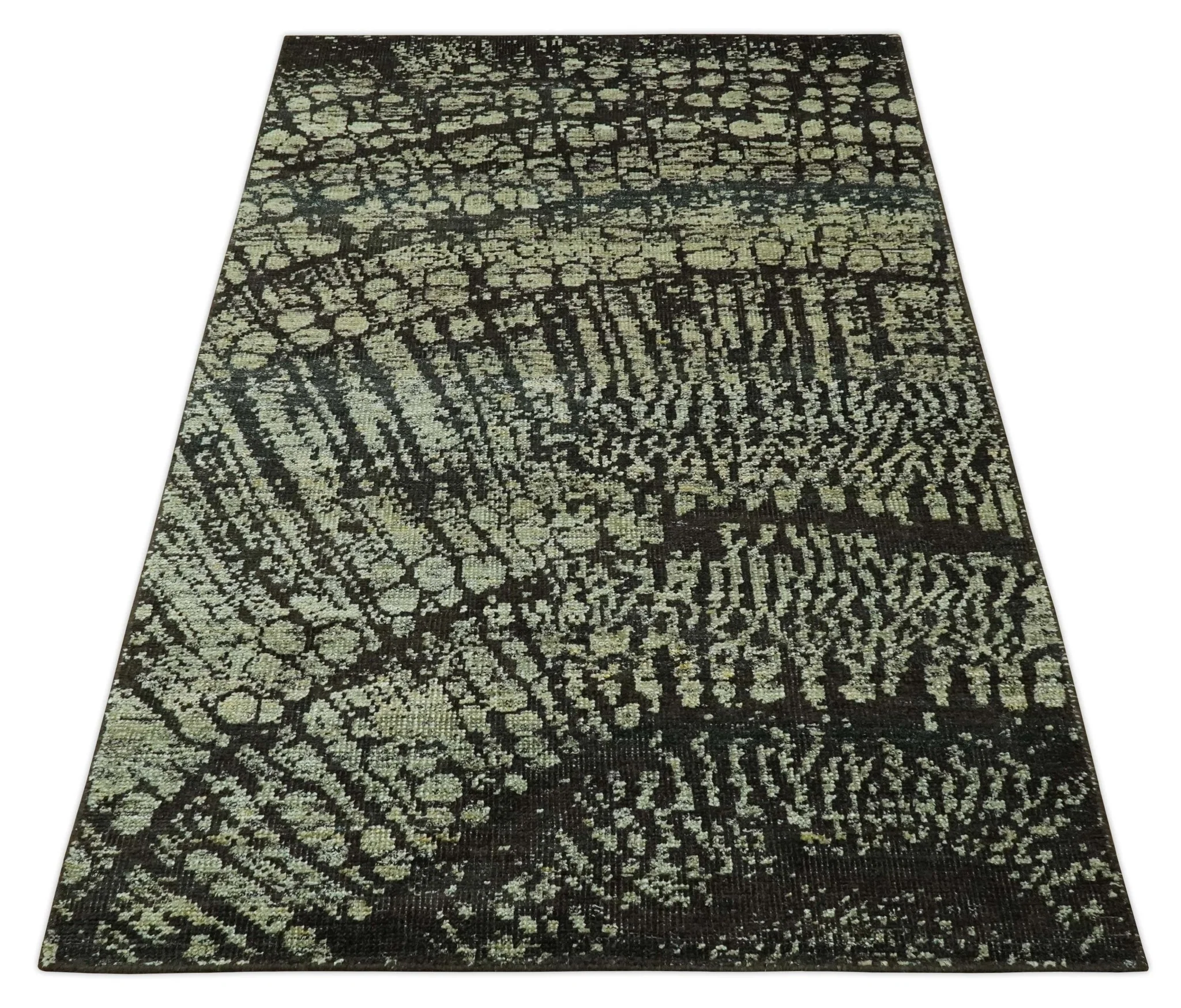 Green and Olive Modern Abstract 5x8 Hand knotted wool area Rug - Image 10