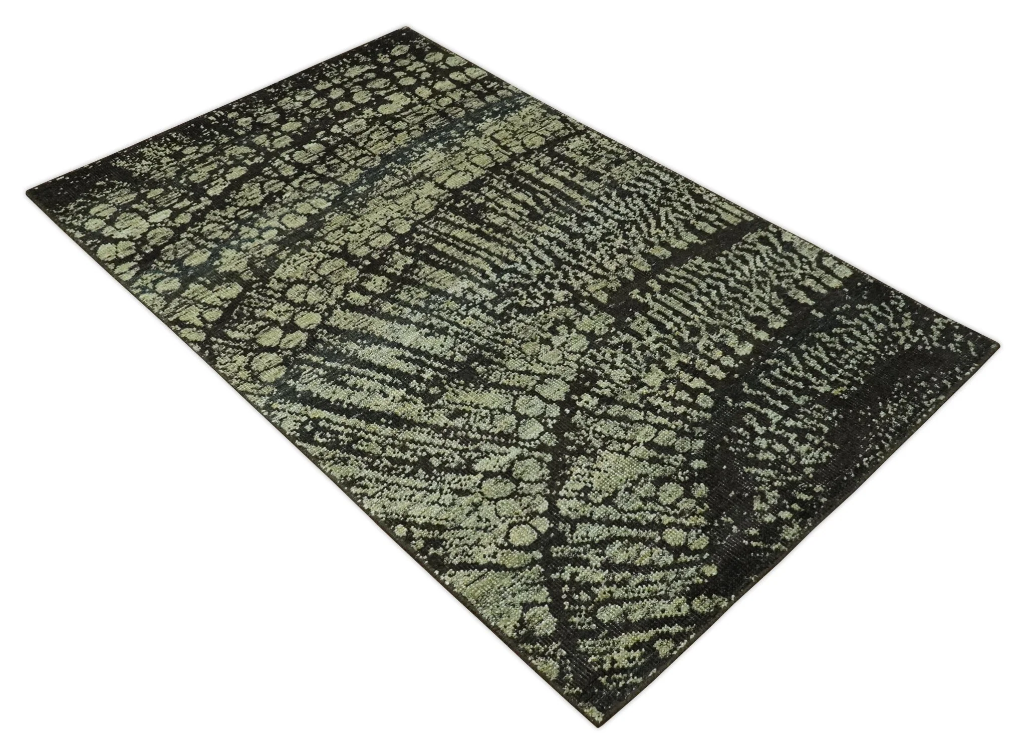 Green and Olive Modern Abstract 5x8 Hand knotted wool area Rug - Image 9