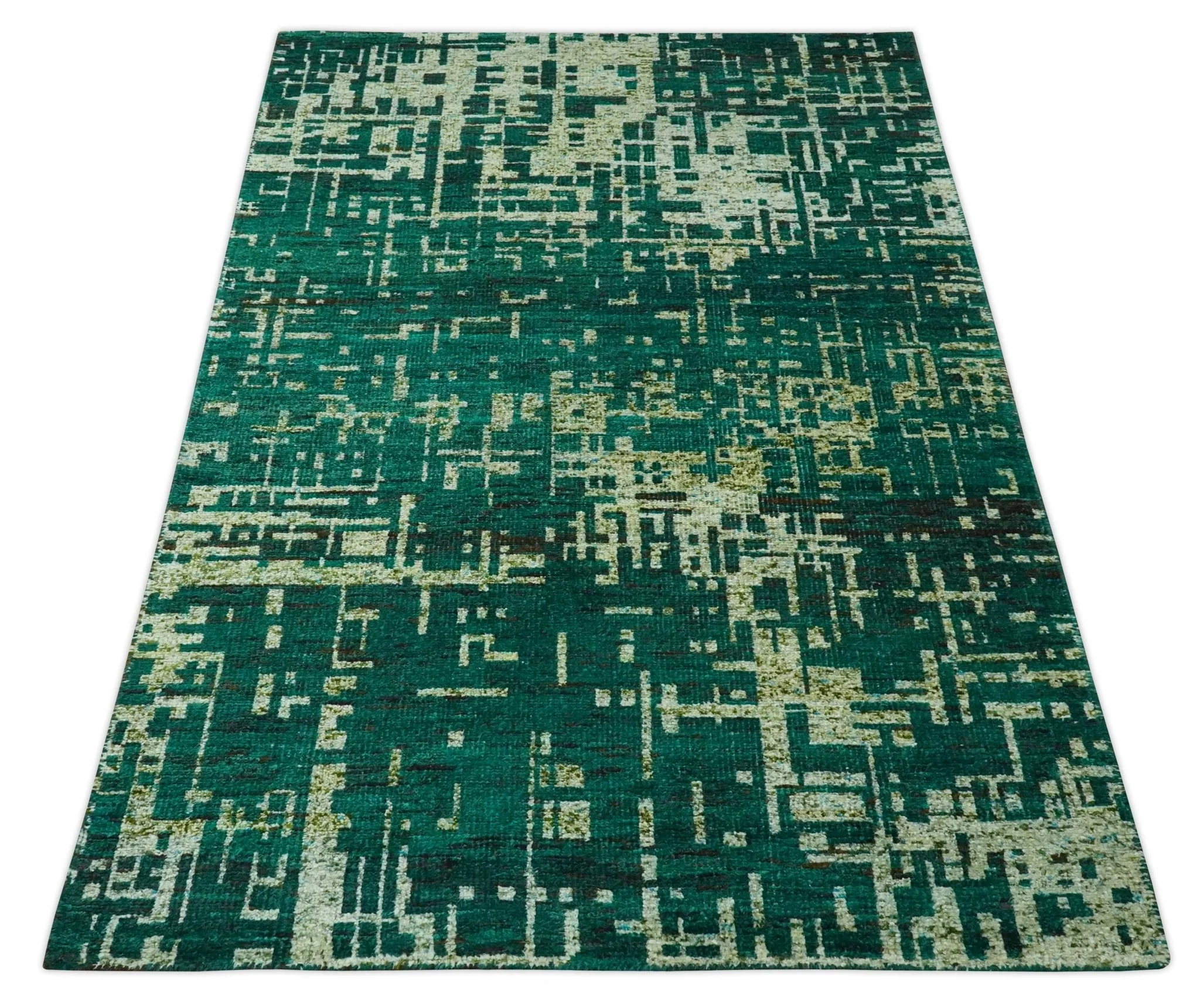 5x8 Green and Olive Hand Knotted Modern Abstract Contemporary Recycled Silk Rug - Image 10