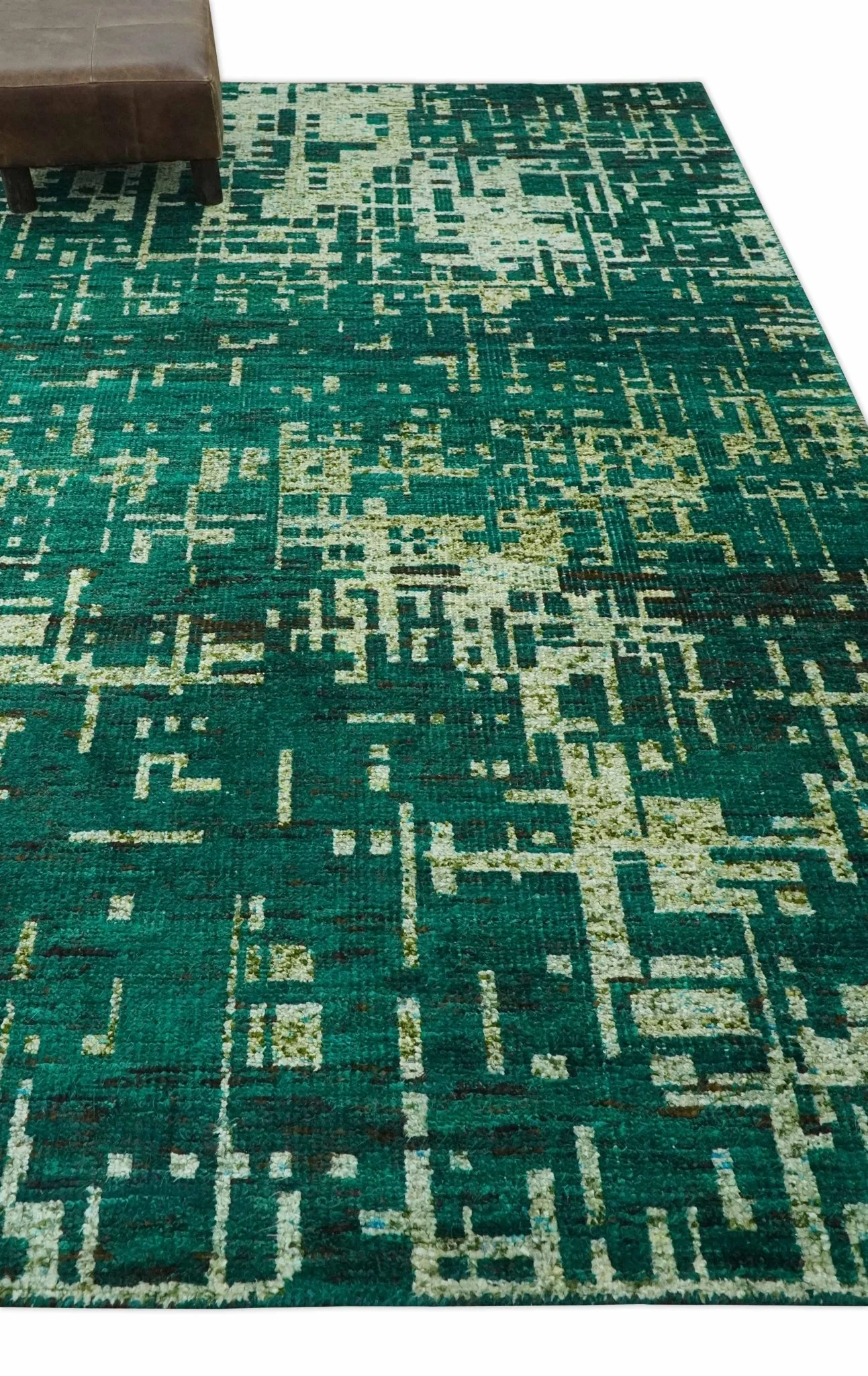 5x8 Green and Olive Hand Knotted Modern Abstract Contemporary Recycled Silk Rug - Image 3
