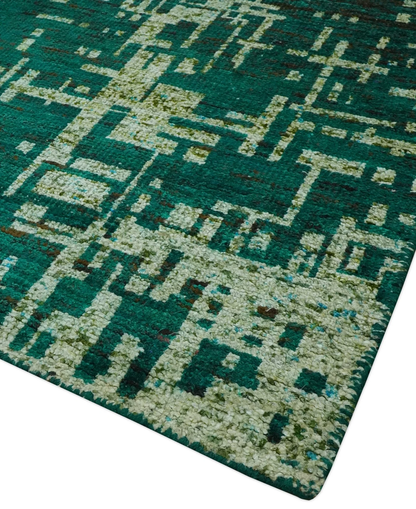5x8 Green and Olive Hand Knotted Modern Abstract Contemporary Recycled Silk Rug - Image 5