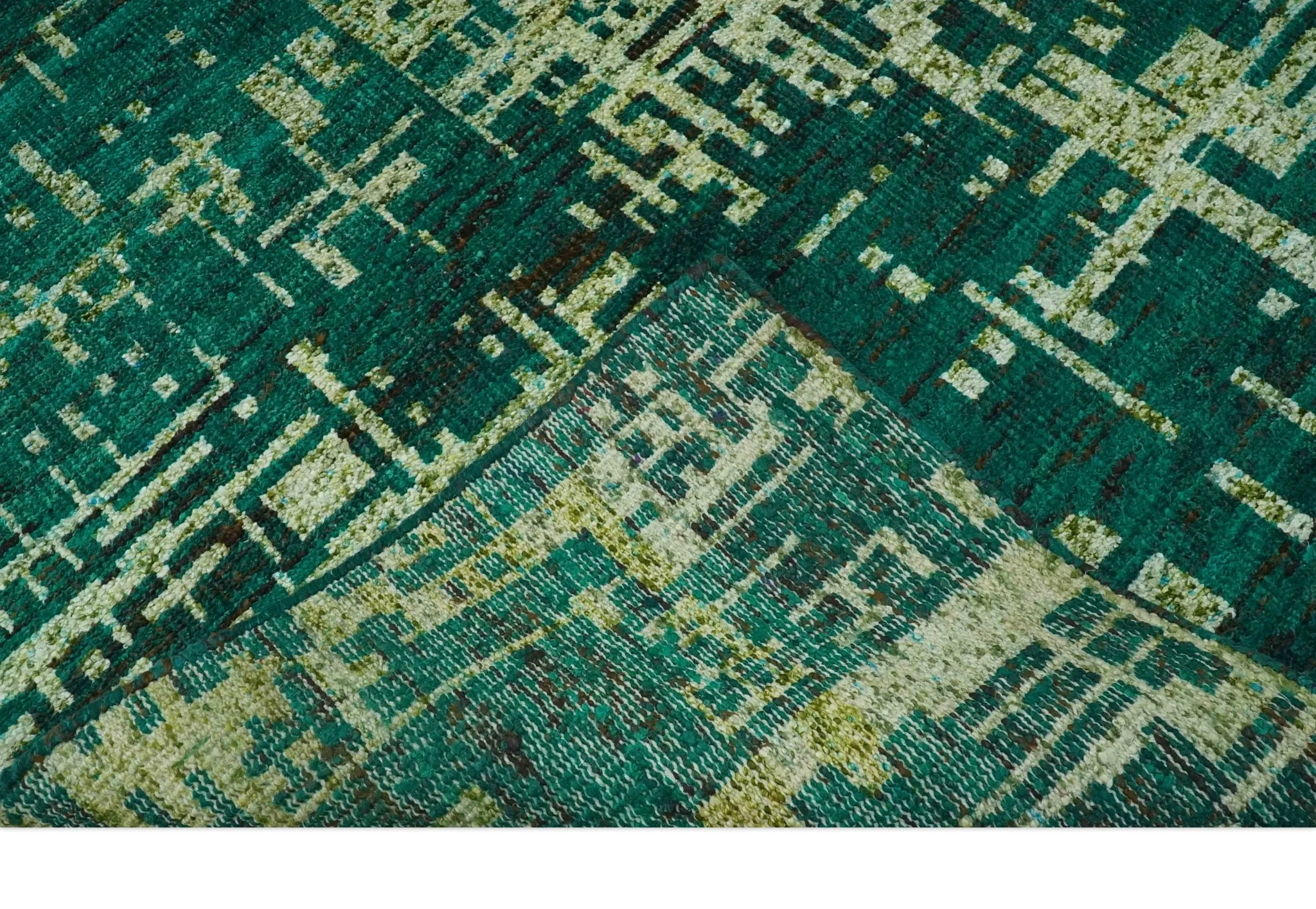 5x8 Green and Olive Hand Knotted Modern Abstract Contemporary Recycled Silk Rug - Image 7