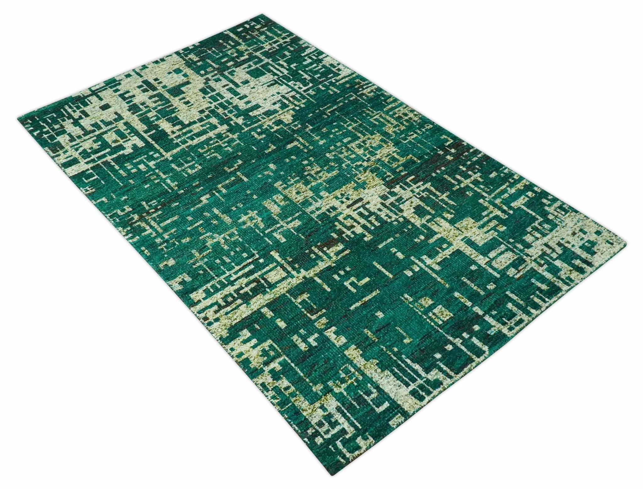 5x8 Green and Olive Hand Knotted Modern Abstract Contemporary Recycled Silk Rug - Image 9