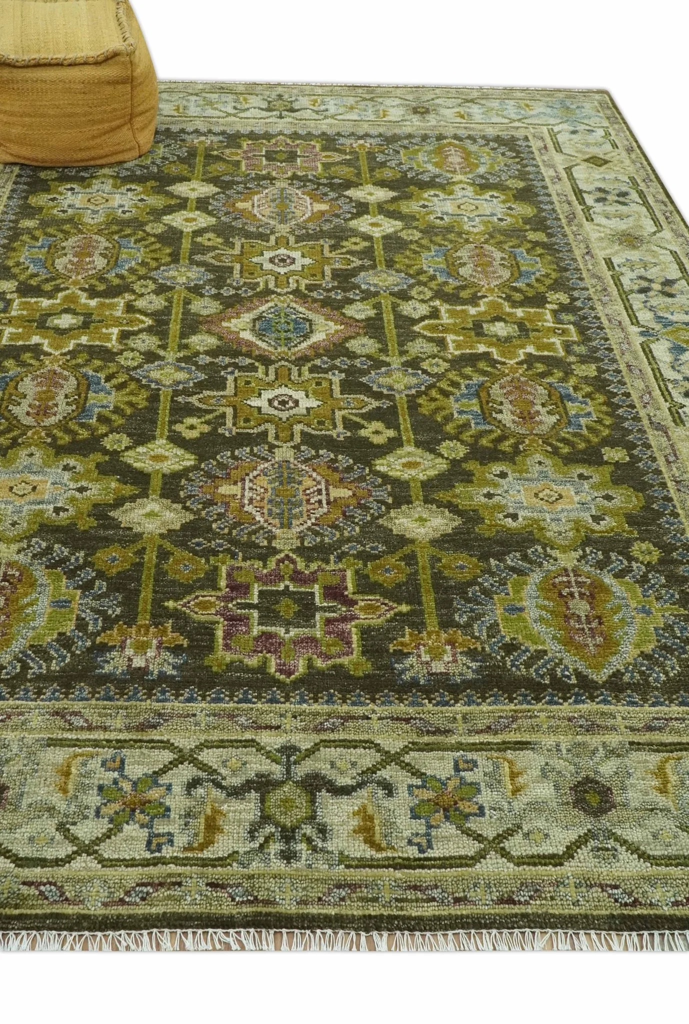 Vintage Style Earthy Green and Silver Traditional Hand Knotted Multi Size wool area rug - Image 3
