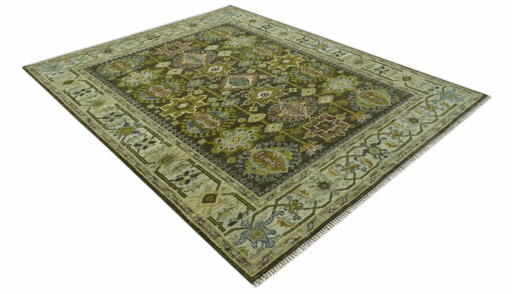 Vintage Style Earthy Green and Silver Traditional Hand Knotted 8x10 wool area rug - Image 9