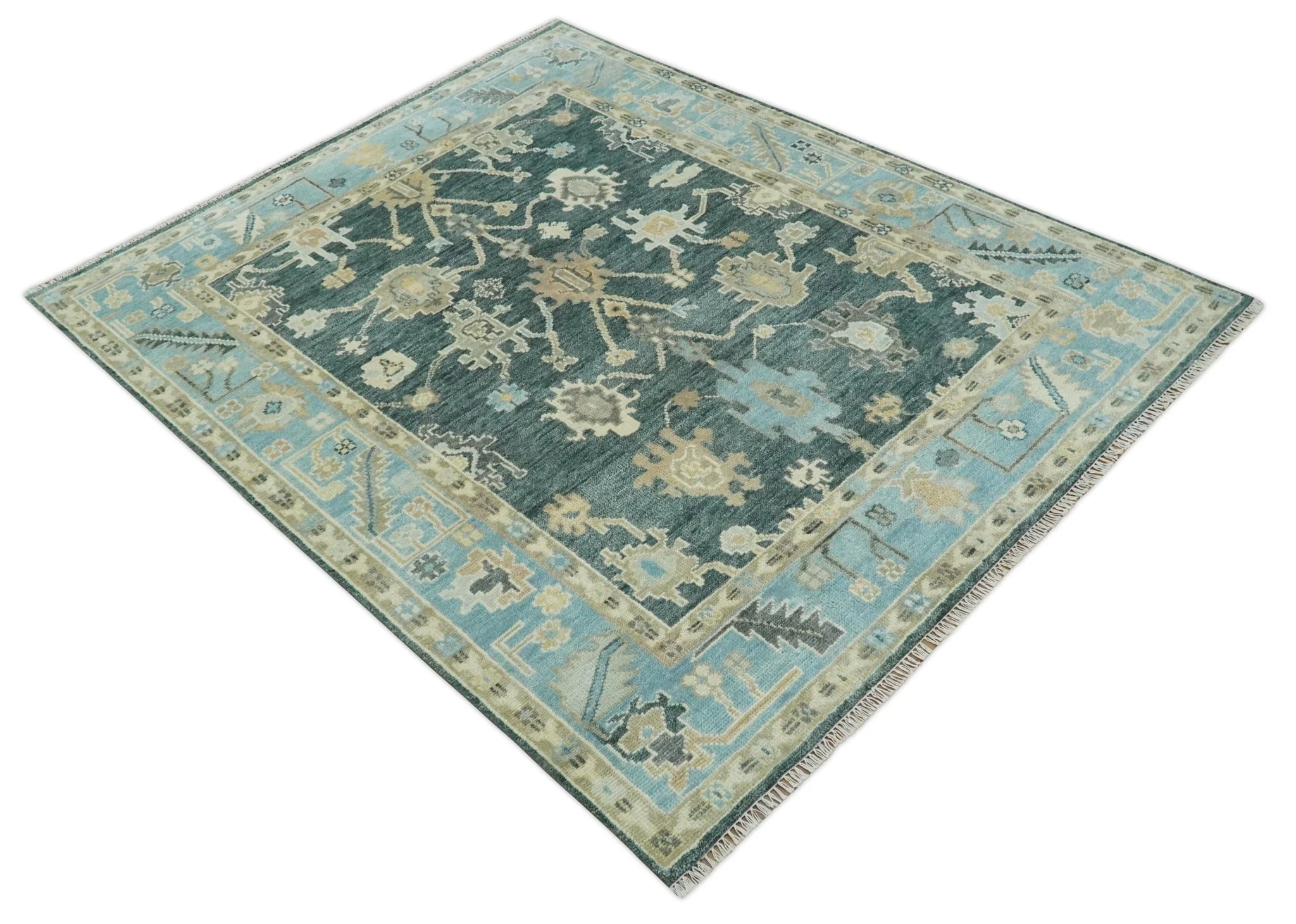 Antique look Green, Aqua and Beige Hand Knotted Traditional Oushak 8x10 wool area Rug - Image 10