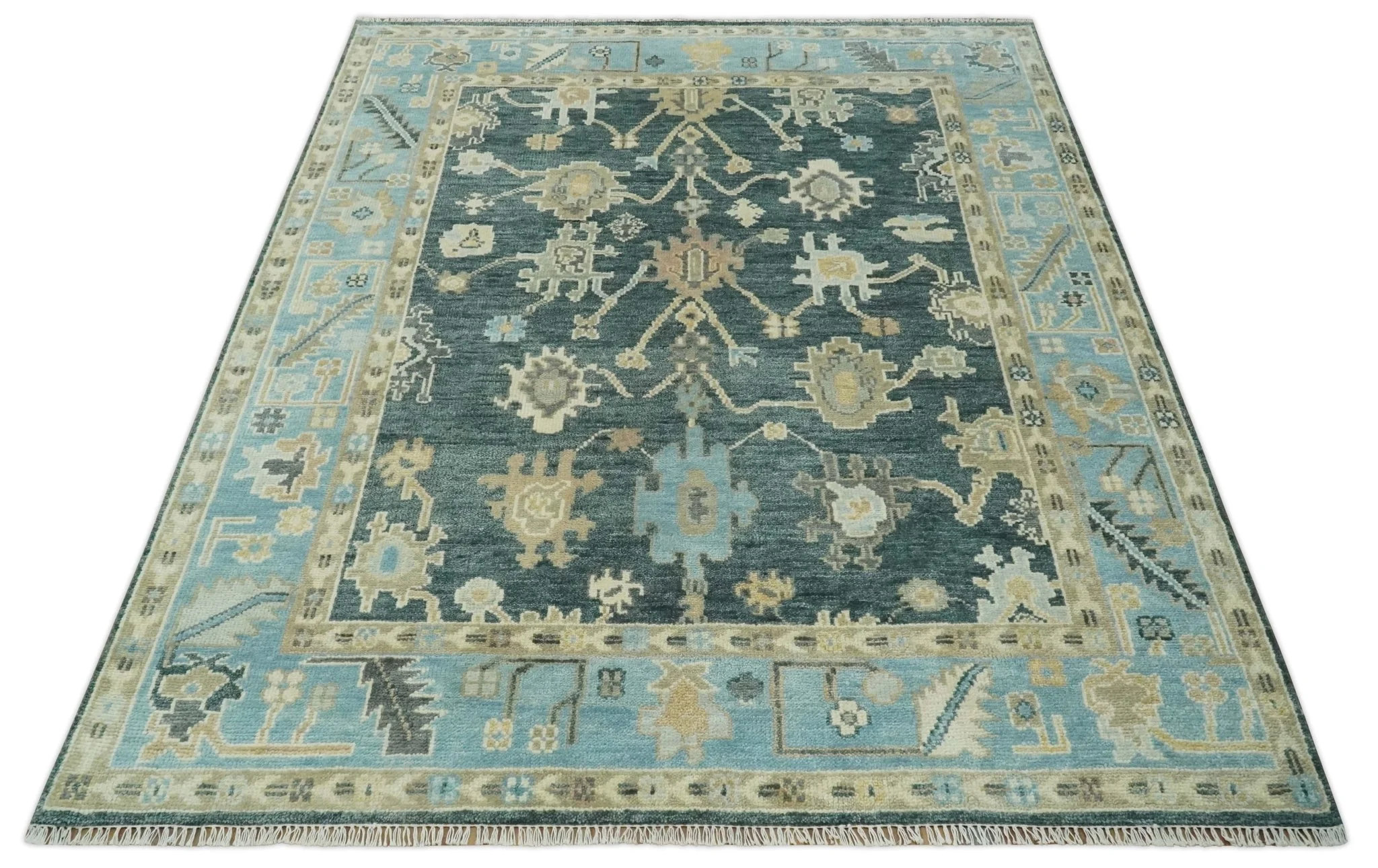 Antique look Green, Aqua and Beige Hand Knotted Traditional Oushak 8x10 wool area Rug - Image 11