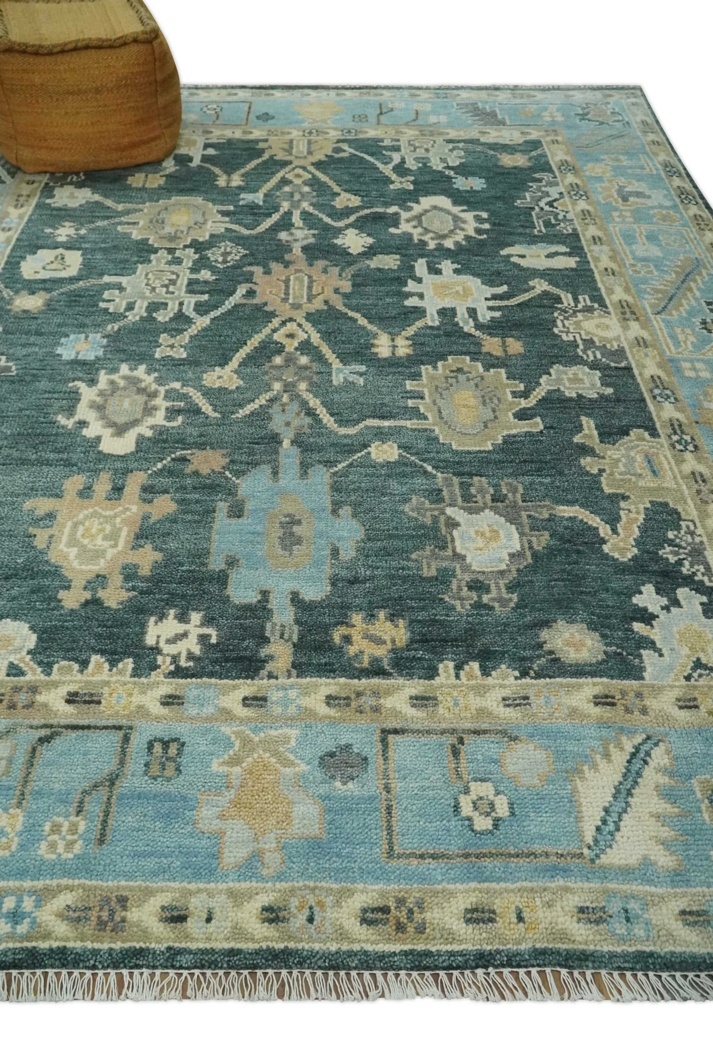 Antique look Green, Aqua and Beige Hand Knotted Traditional Oushak 8x10 wool area Rug - Image 3