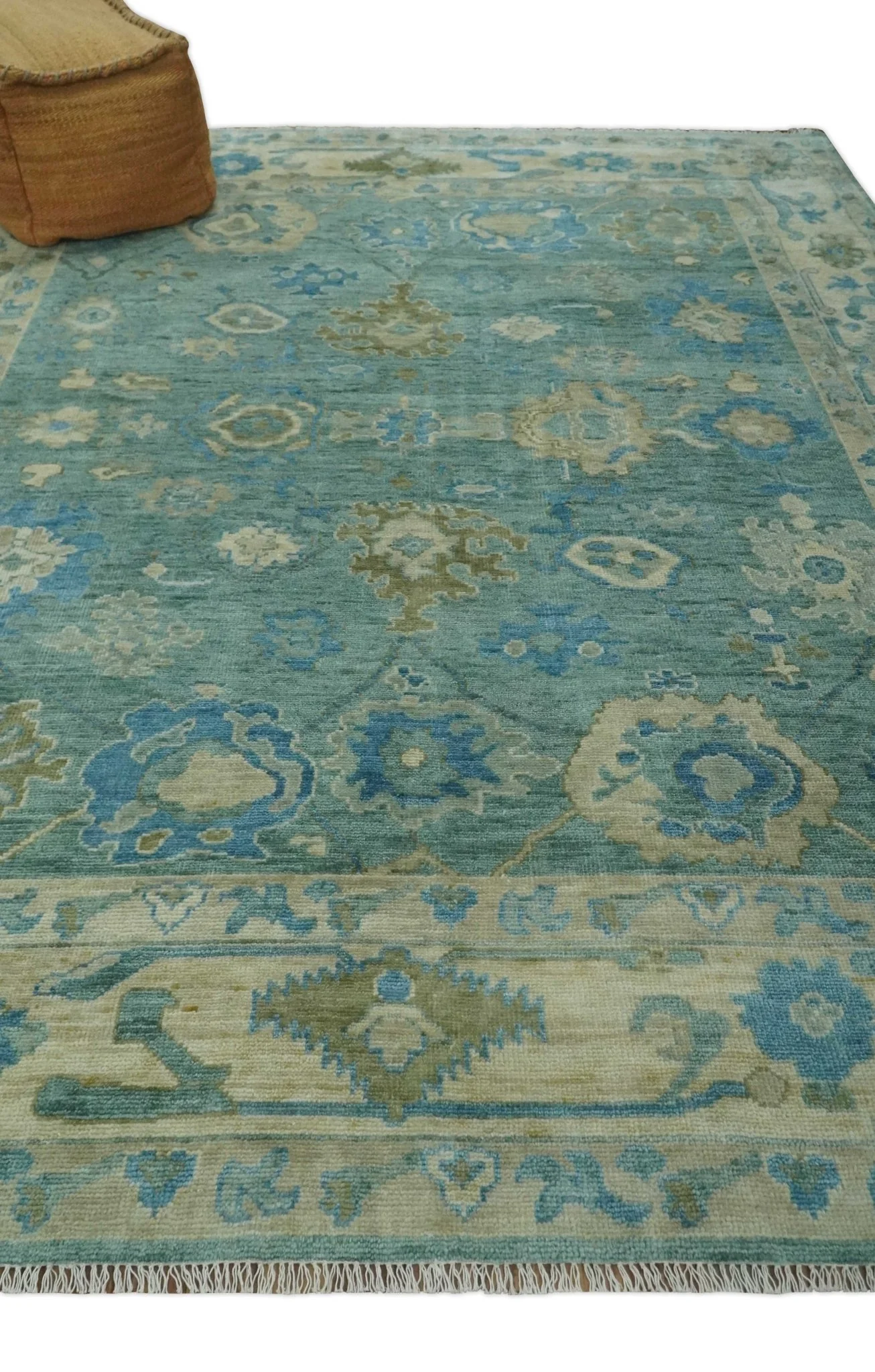 Green, Beige and Blue Hand knotted Traditional Oushak Multi Size Wool Area Rug - Image 3