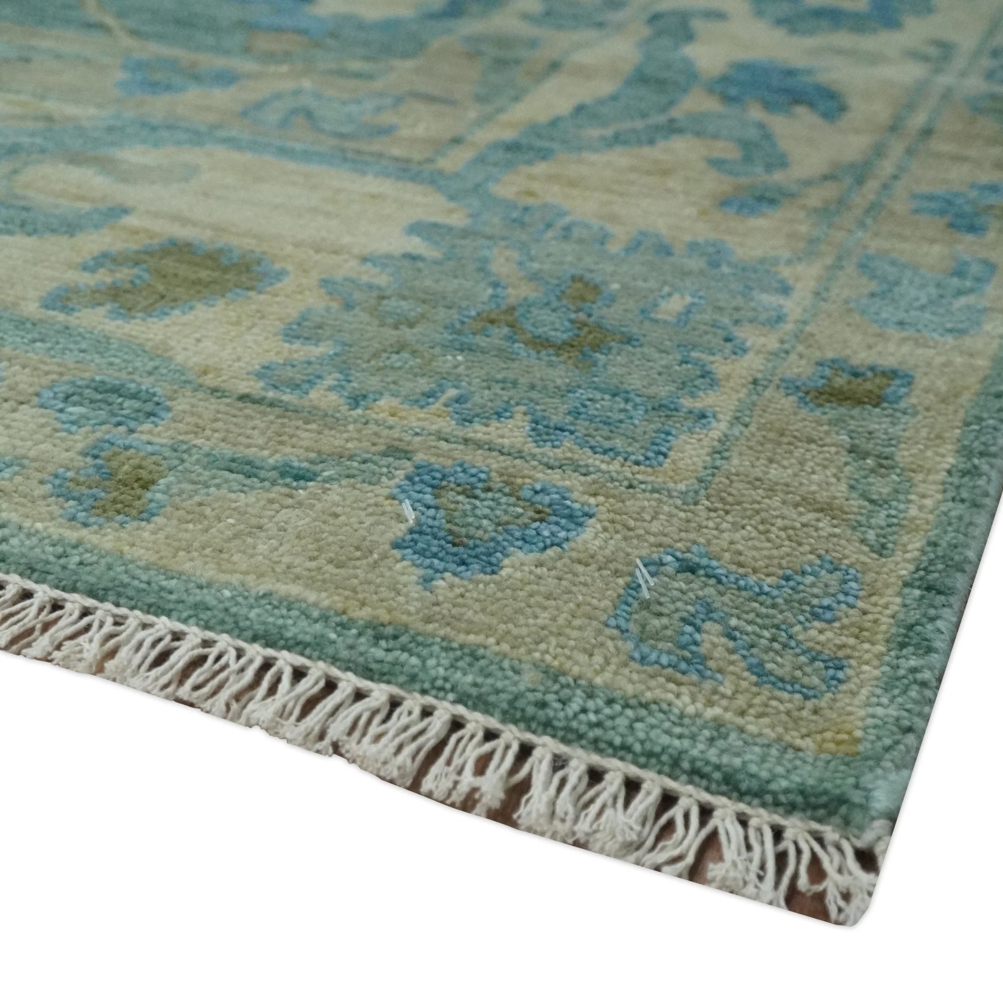 Green, Beige and Blue Hand knotted Traditional Oushak Multi Size Wool Area Rug - Image 5