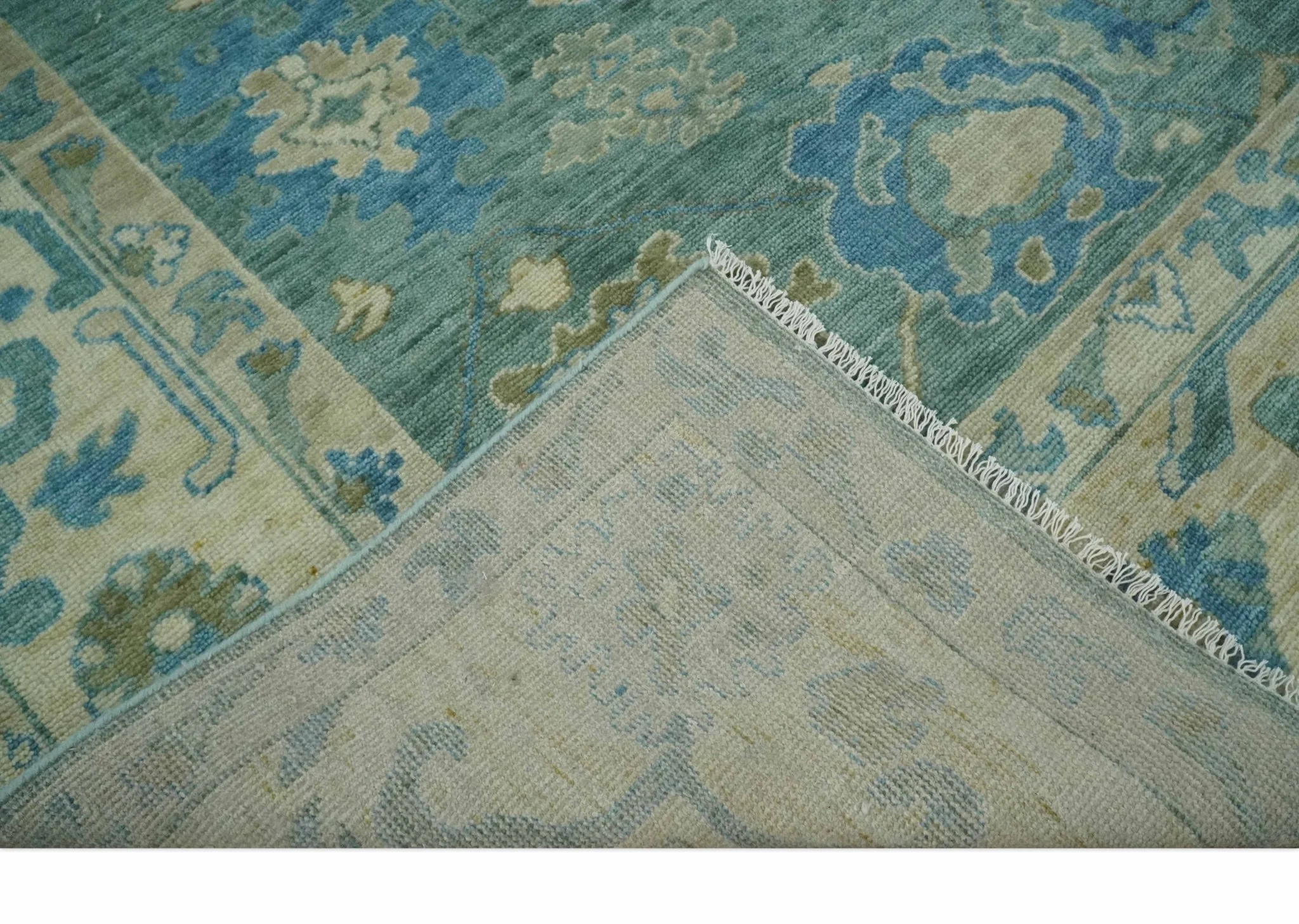 Green, Beige and Blue Hand knotted Traditional Oushak Multi Size Wool Area Rug - Image 7