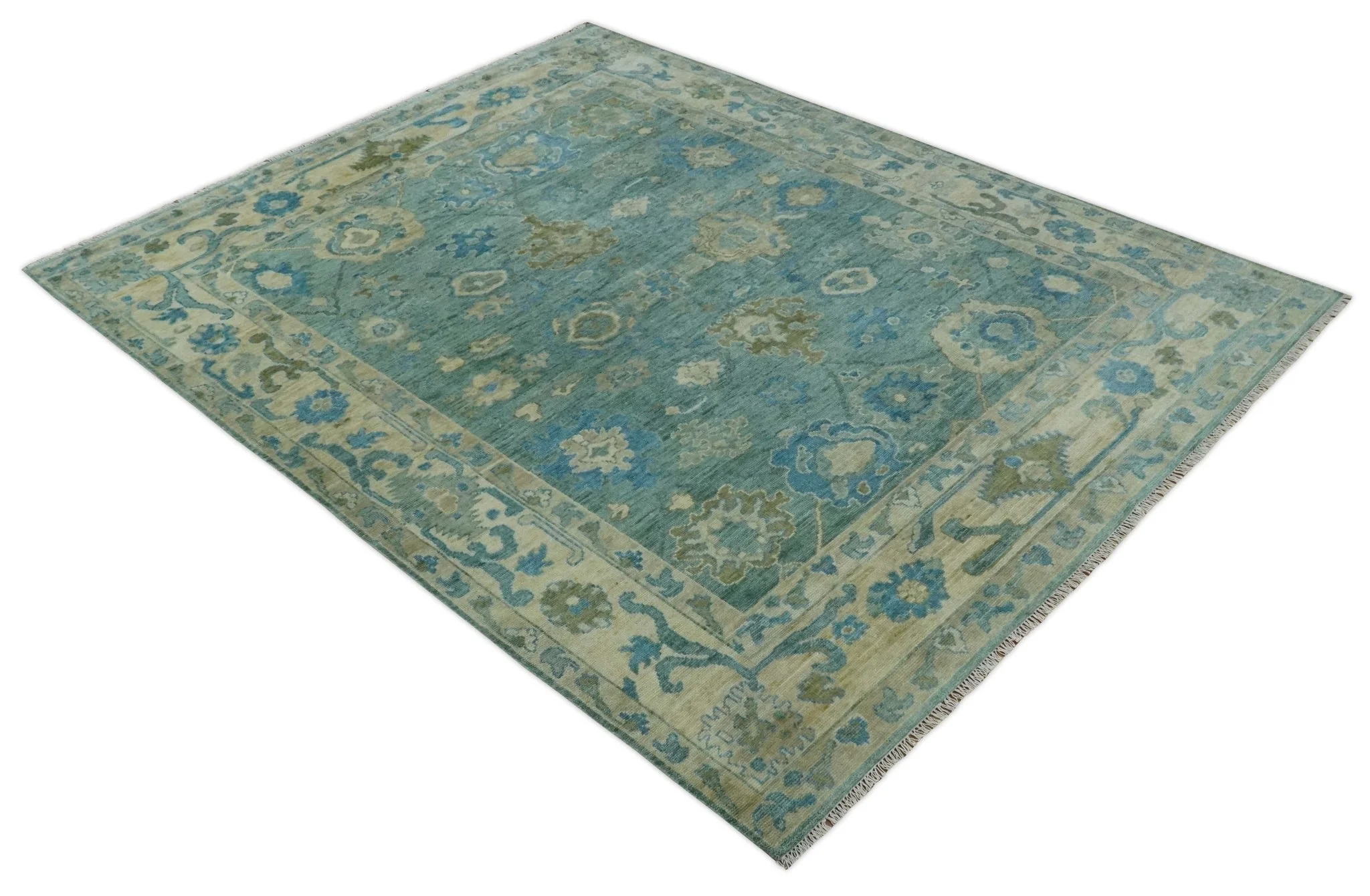 Green, Beige and Blue Hand knotted Traditional Oushak Multi Size Wool Area Rug - Image 8