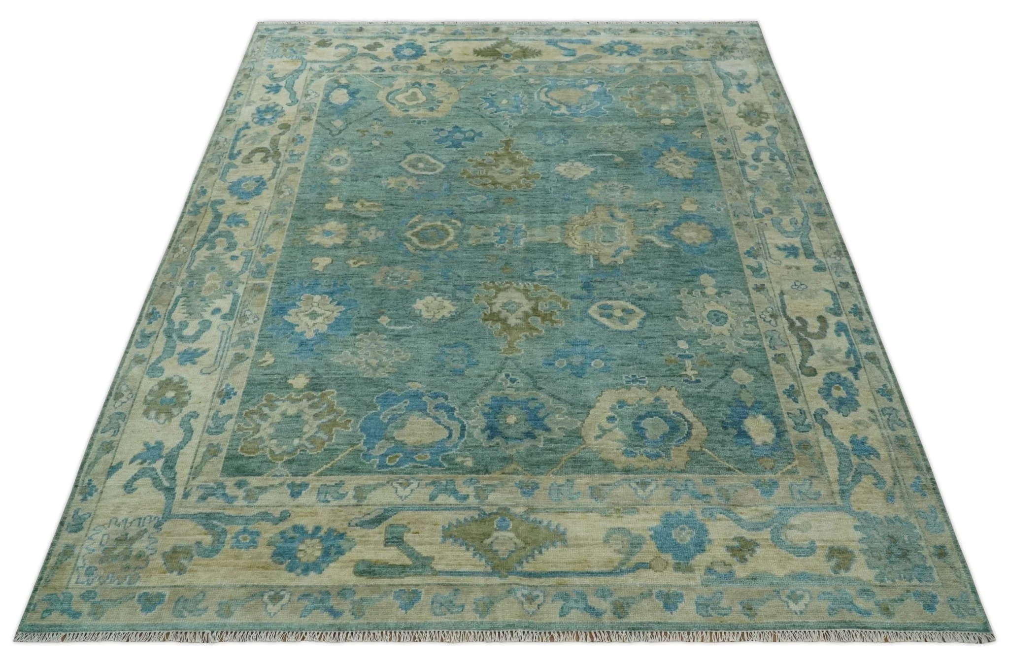 Green, Beige and Blue Hand knotted Traditional Oushak Multi Size Wool Area Rug - Image 9