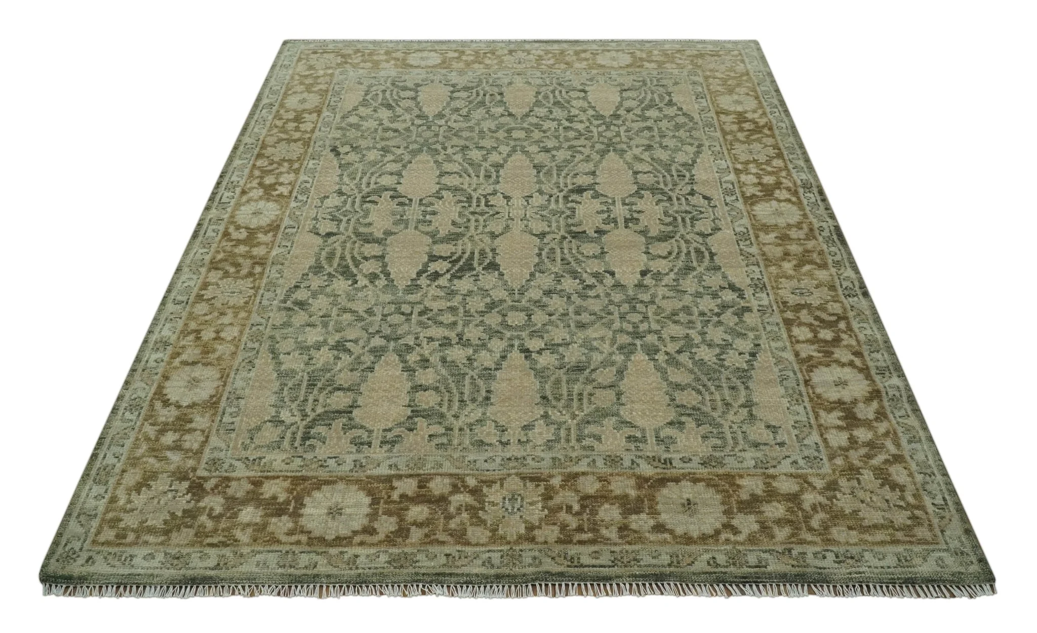 Antique look vintage style Green, Beige and Brown traditional Hand Knotted Multi Size wool rug - Image 10