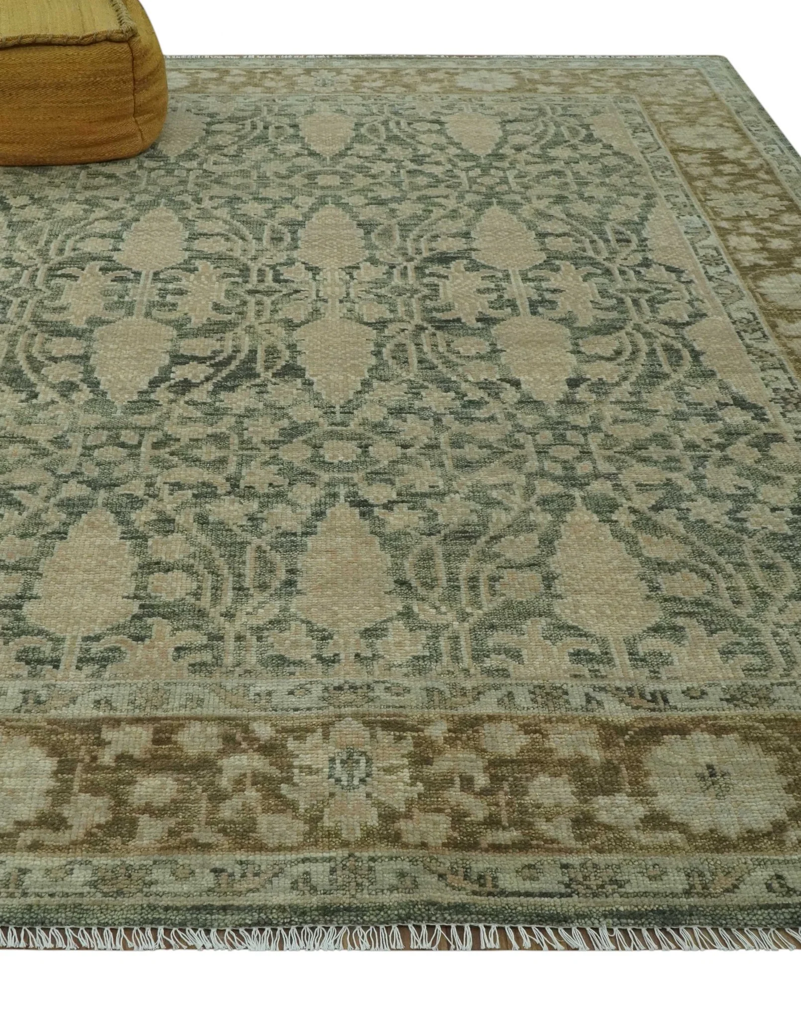 Antique look vintage style 8x10 Green, Beige and Brown traditional Hand Knotted wool rug - Image 3